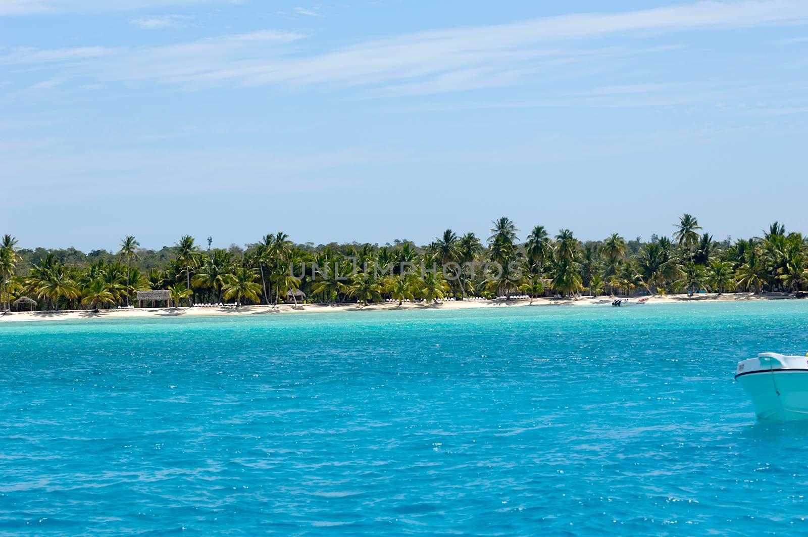 Caribbean island with a nice beach and green palms. The picture of the beach is taken from a boat on sea.