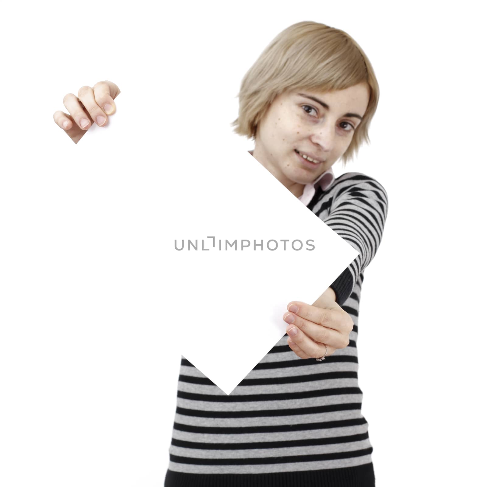 Young blonde woman holding a blank piece of paper.