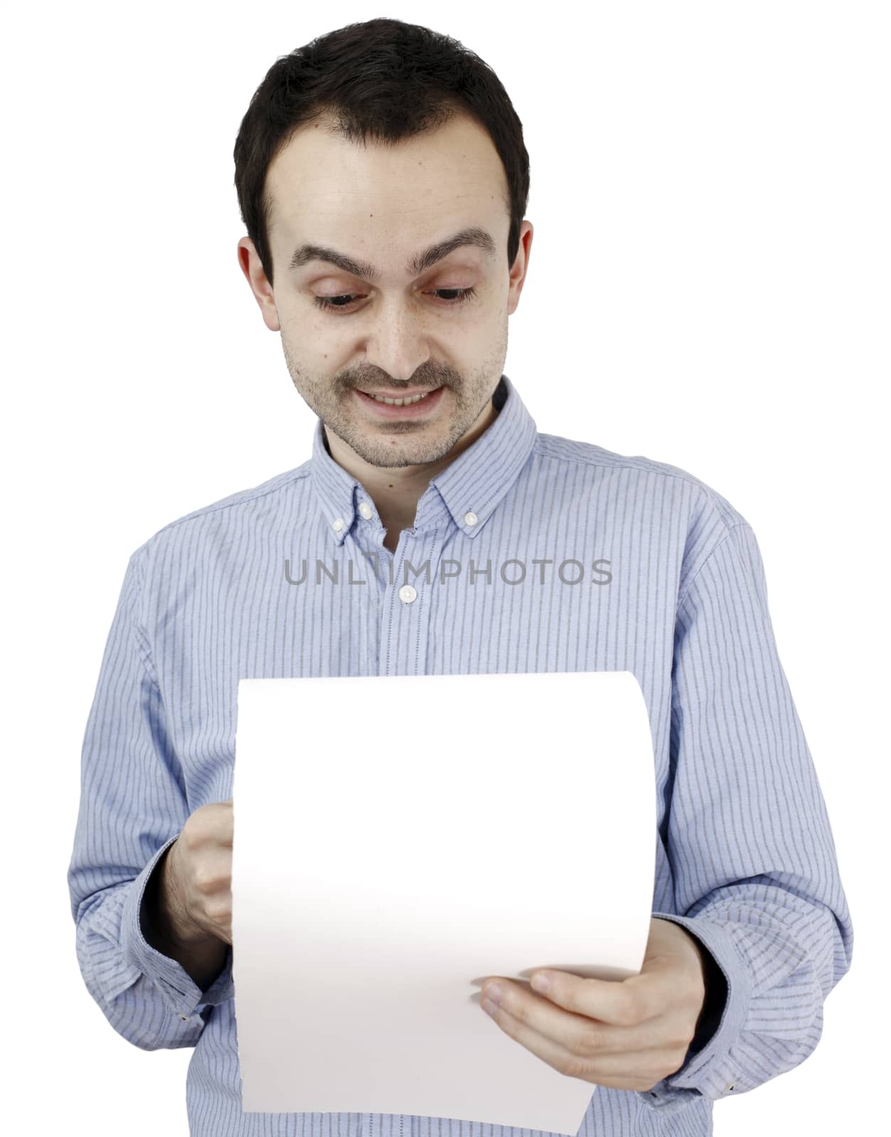 Young man holding a blank piece of paper