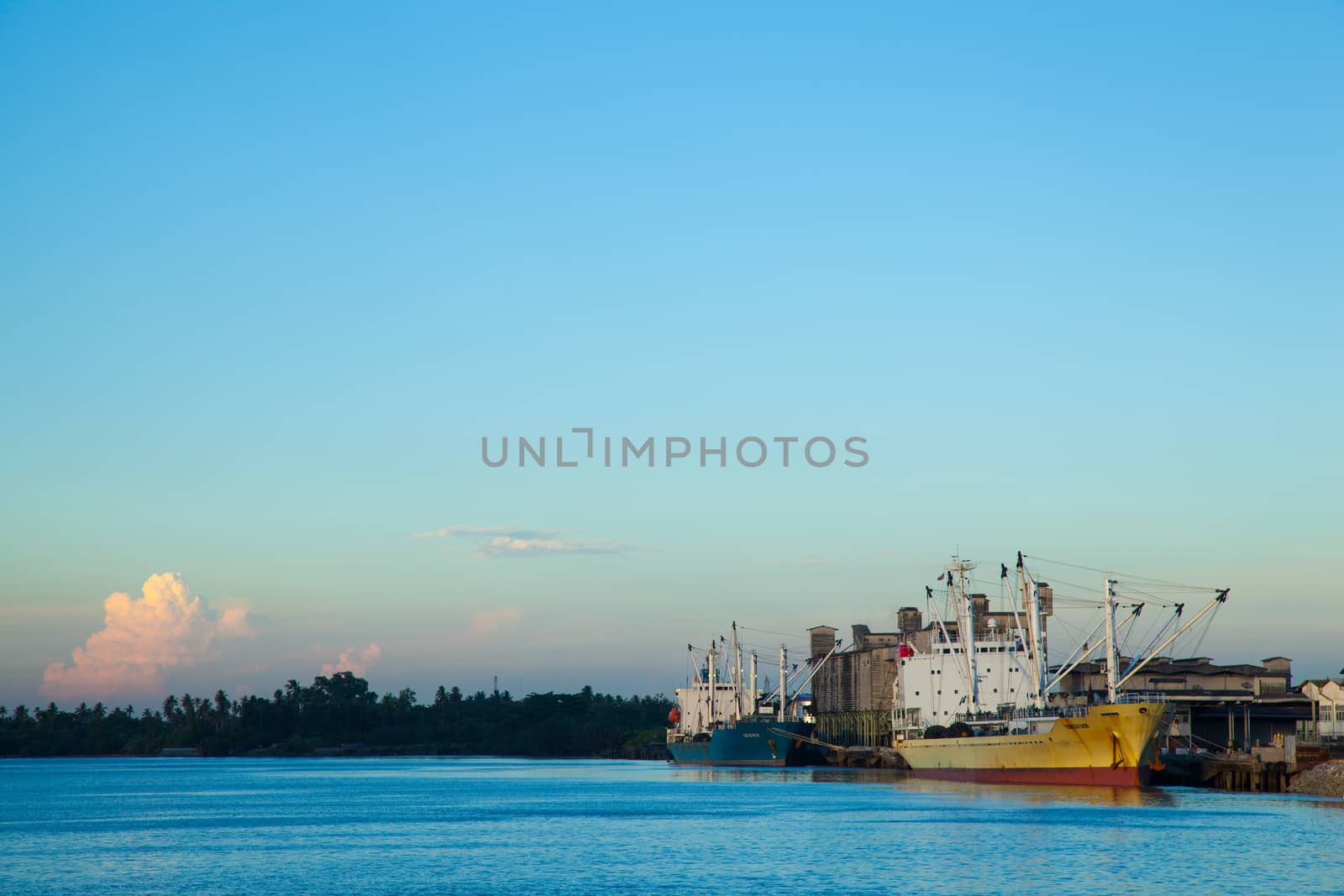 Shipping port. A large cargo ship dock.