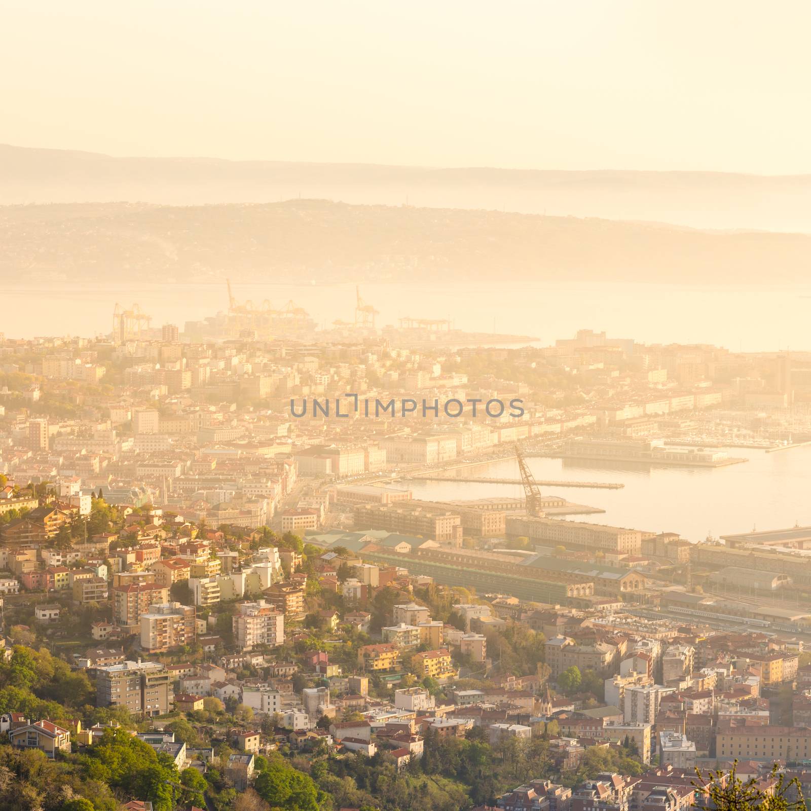 Aerial panoramic view of Trieste, Italy, Europe.