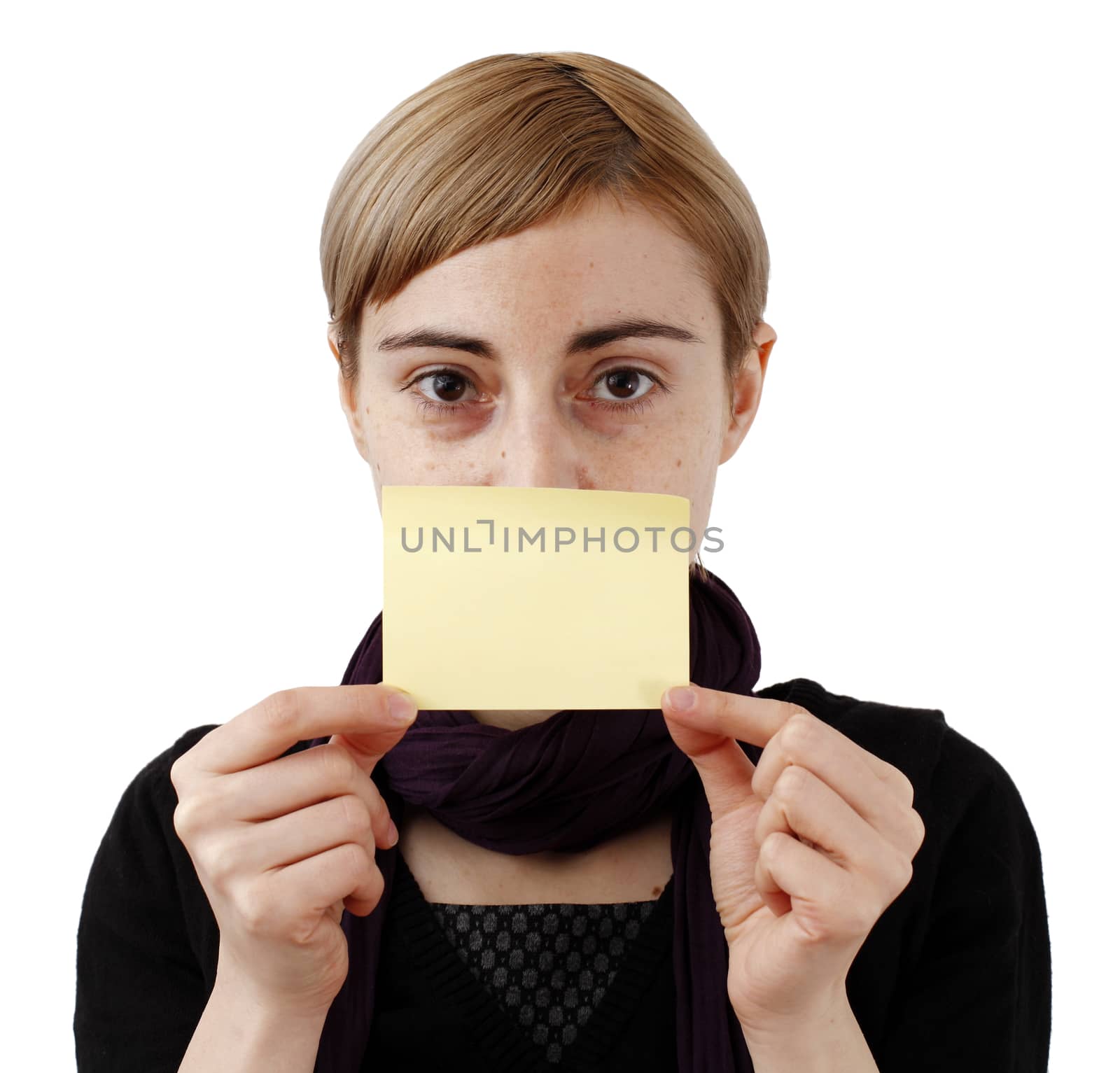 Woman in black and post it