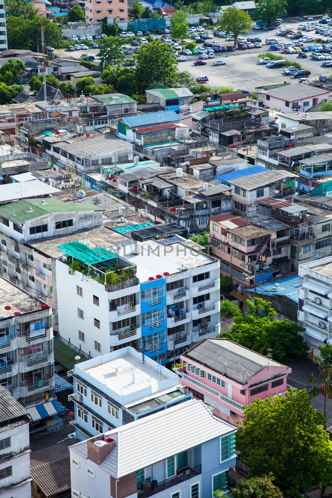 Bangkok city with tall buildings and small houses. The residential density.