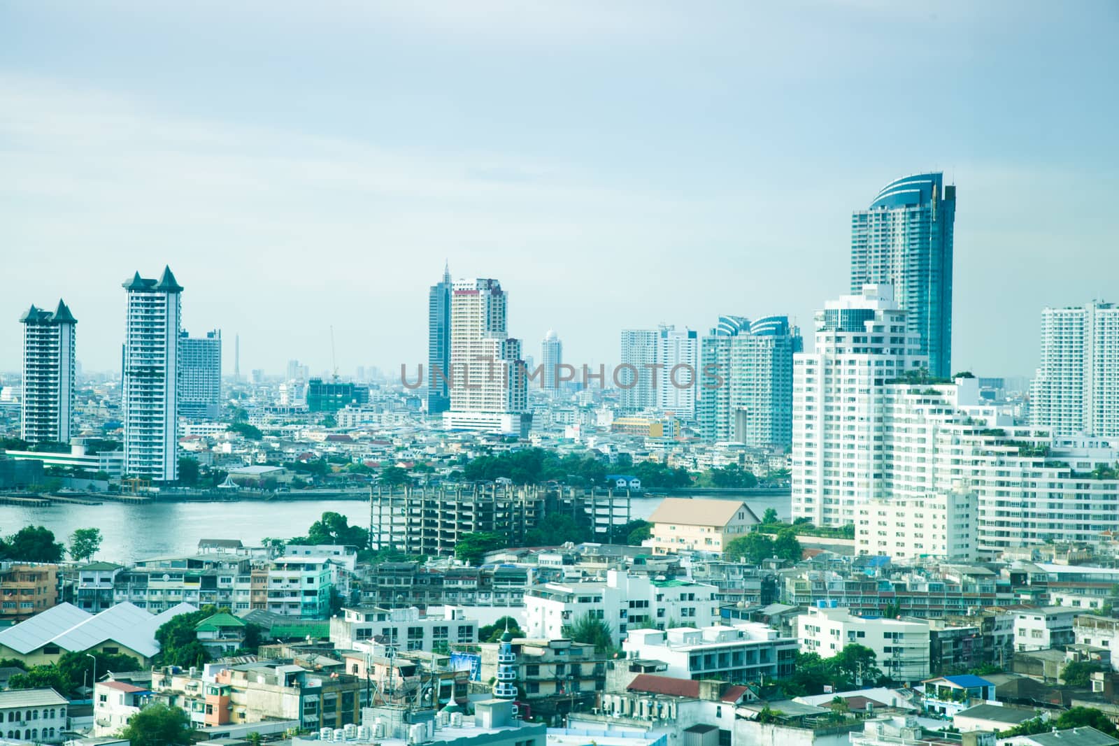 Bangkok city with tall buildings and small houses. The residential density.