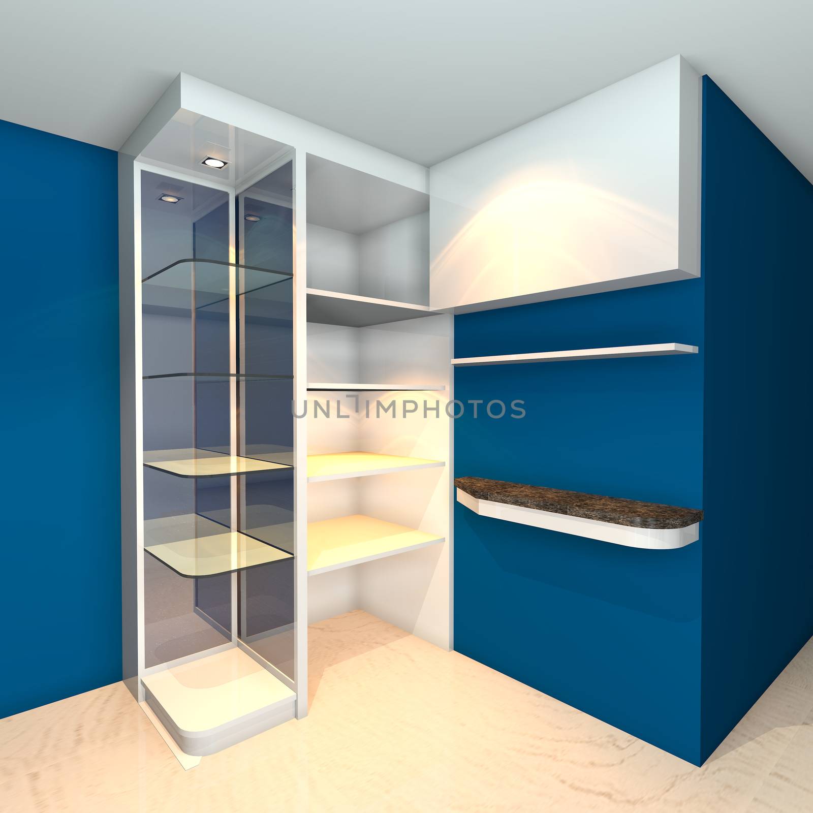 Blue built-in shelves designs, corner of the room 