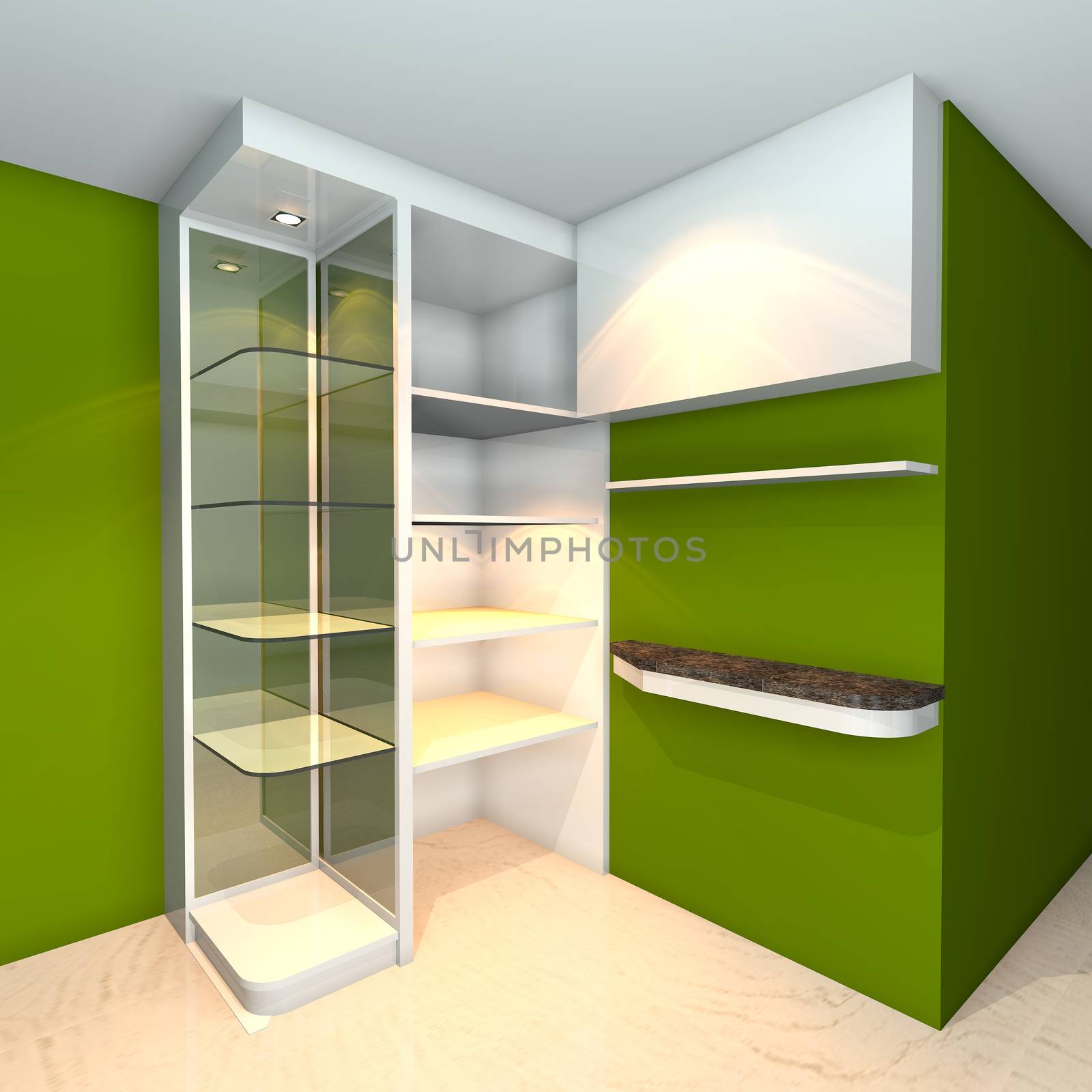 Green built-in shelves designs, corner of the room 