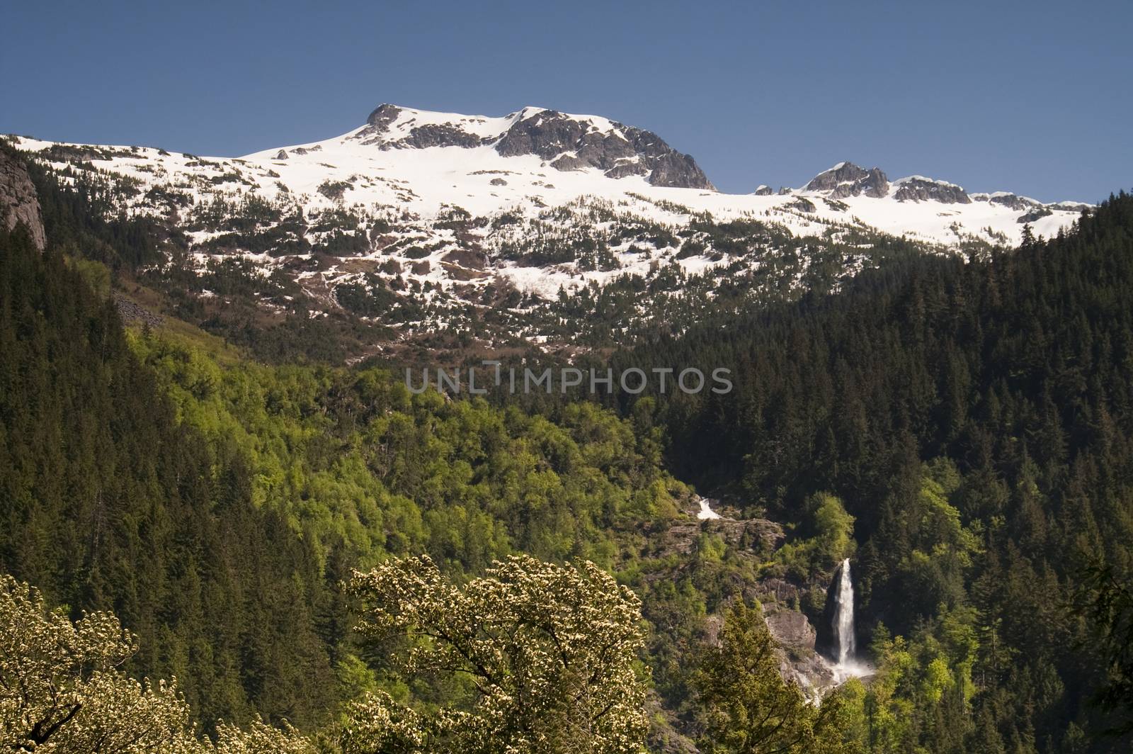 Water falls off the mountains in the North Cascades