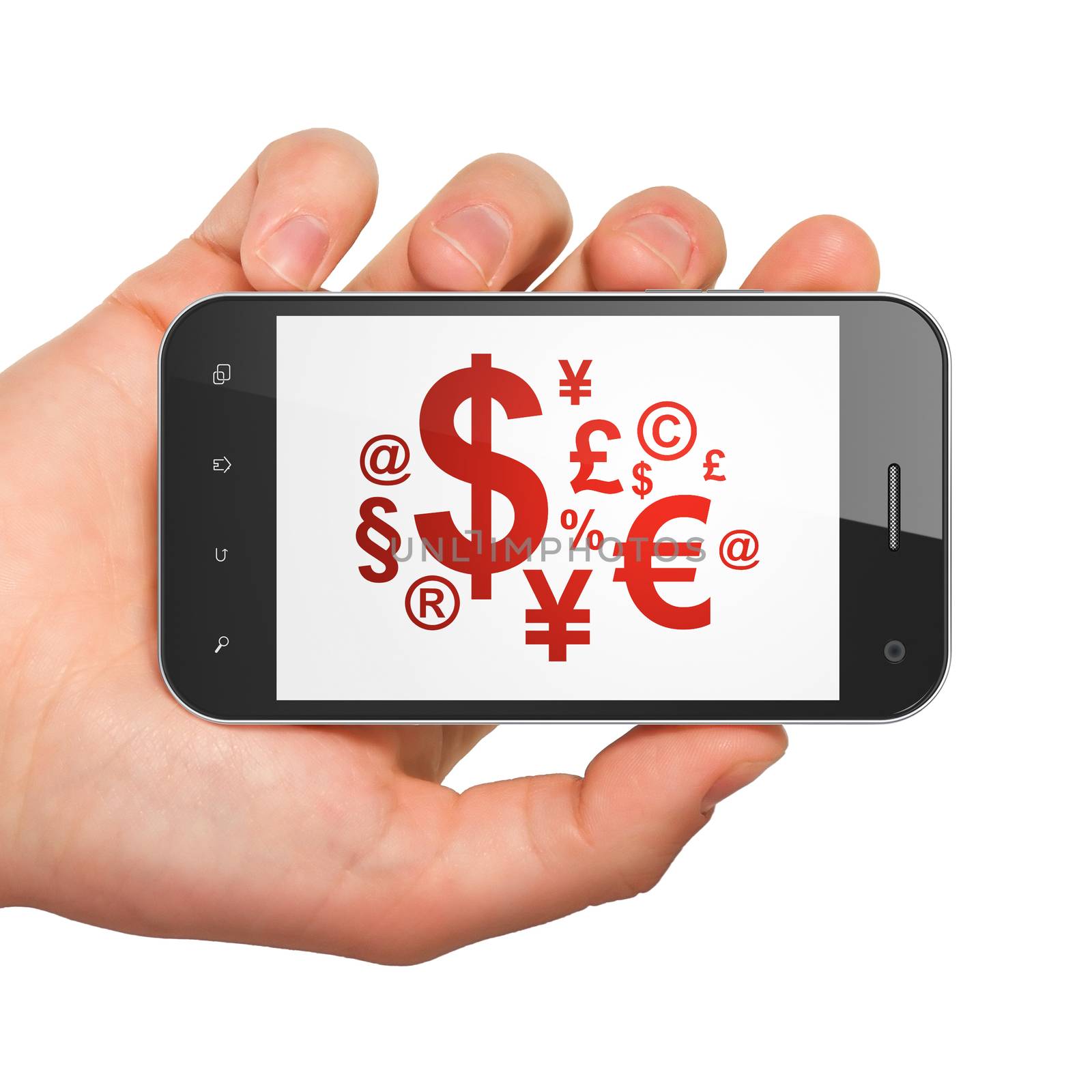 Marketing concept: hand holding smartphone with Finance Symbol on display. Mobile smart phone in hand on White background, 3d render