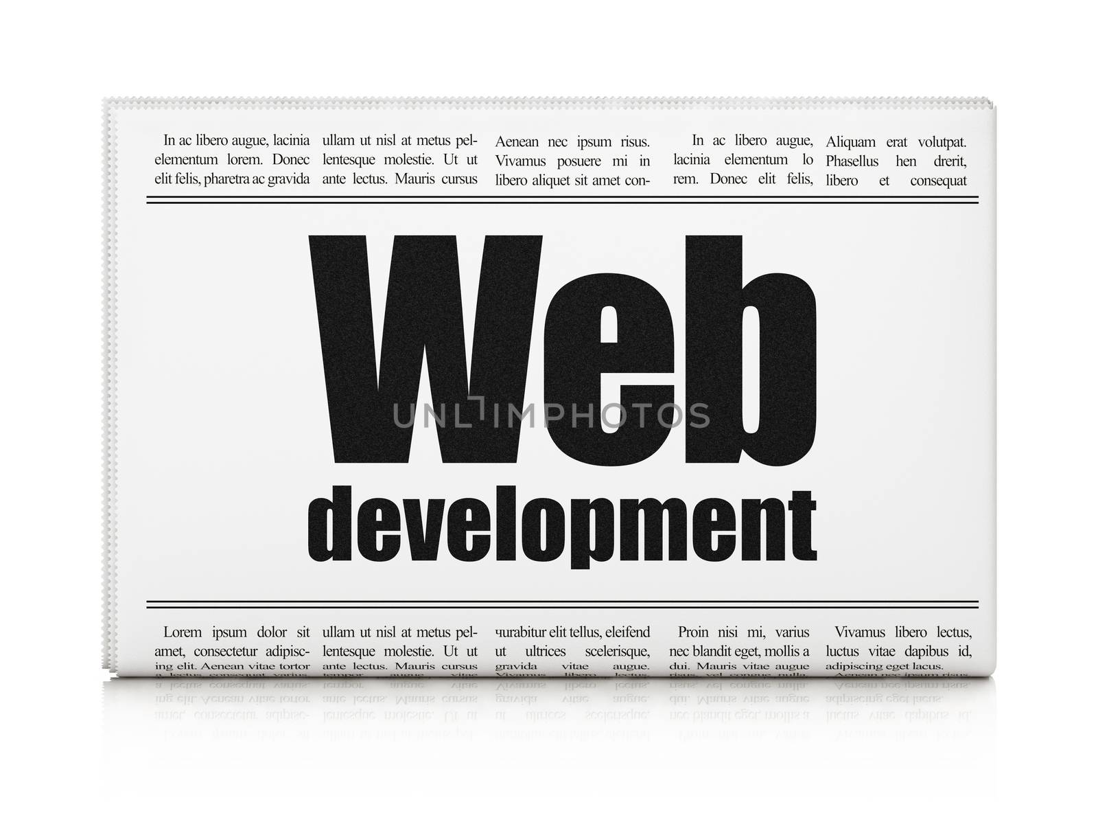 Web development news concept: newspaper headline Web Development on White background, 3d render