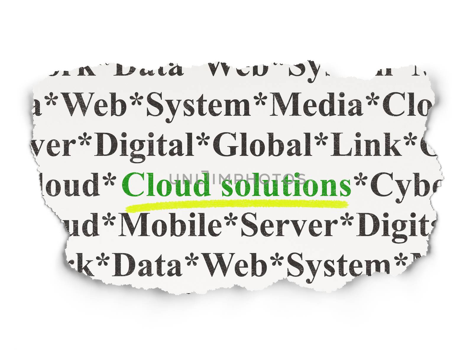 Cloud computing concept: torn newspaper with words Cloud Solutions on Paper background, 3d render