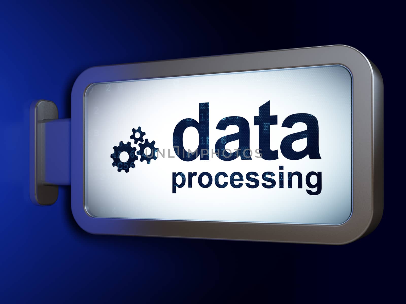 Data concept: Data Processing and Gears on advertising billboard background, 3d render