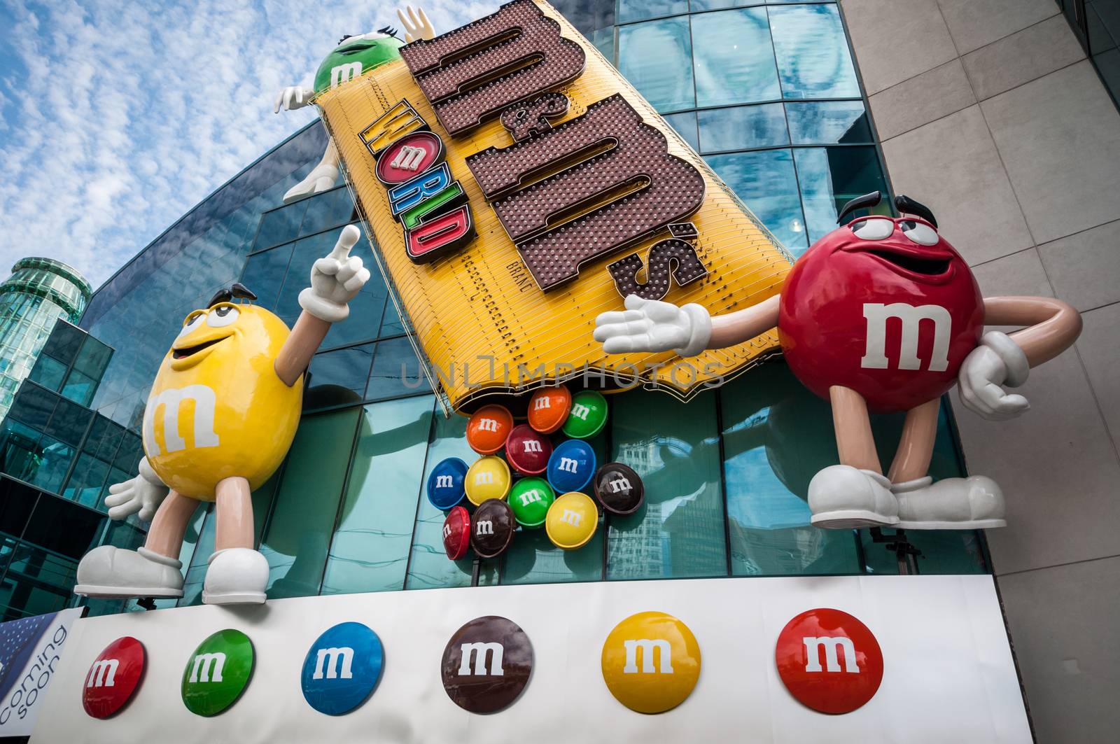 Las Vegas, Nevada Usa - September 9, 2013:  front view of the M and Ms World on the Strip of Las Vegas. The opening of this first store was in 2007, followed very soon by New York, Orlando and lately London.