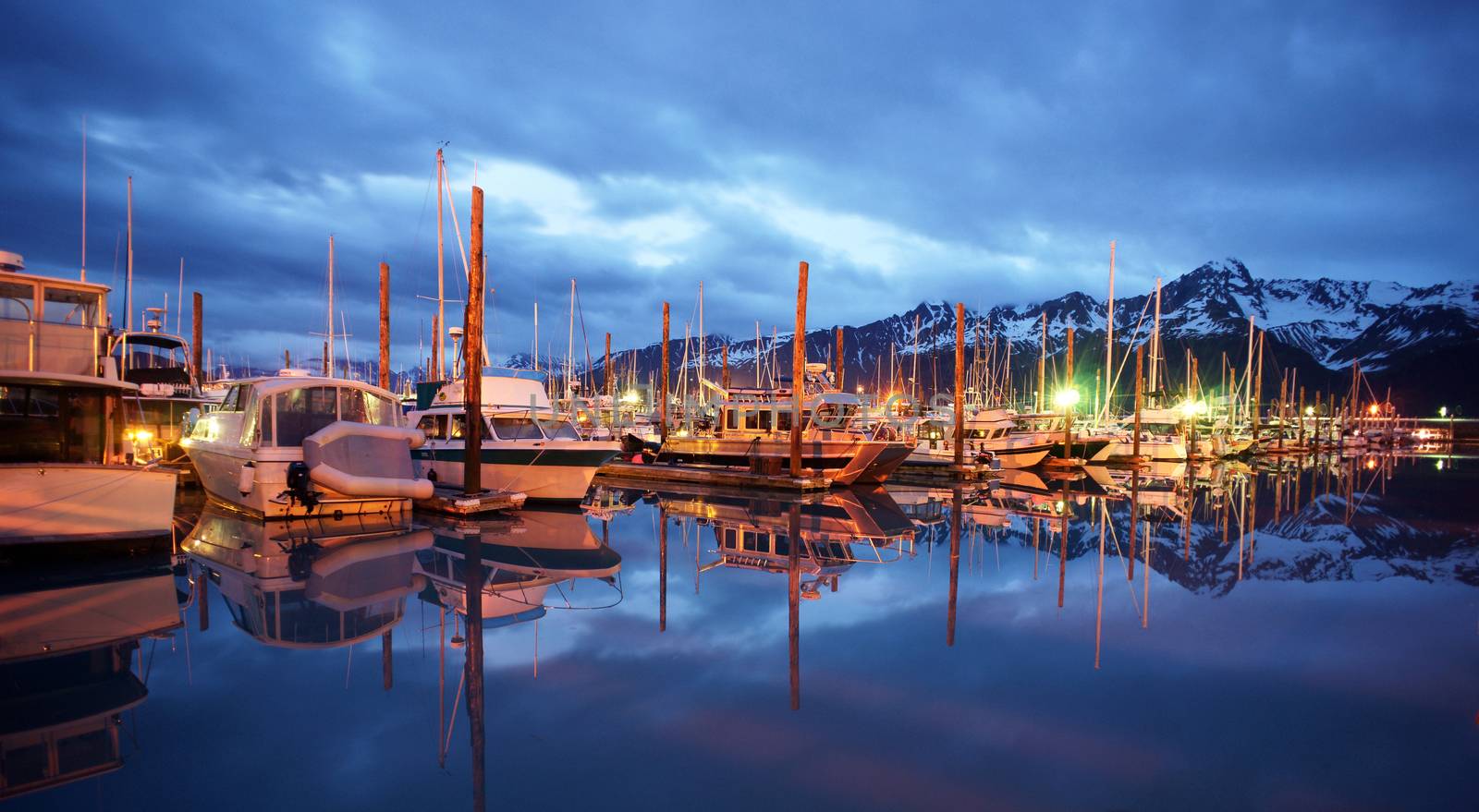 Seward Marina and Boats in the Middle of the Night Smooth Water by ChrisBoswell