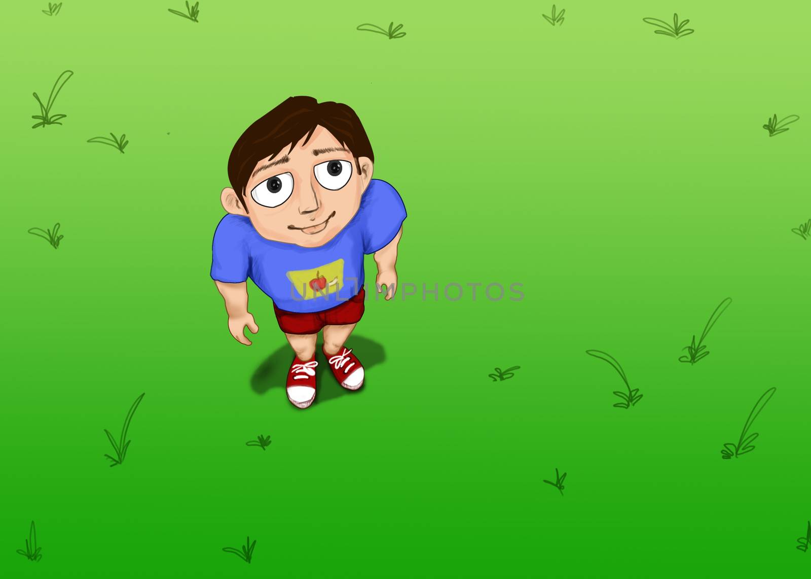boy standing on green grass  and looking up
