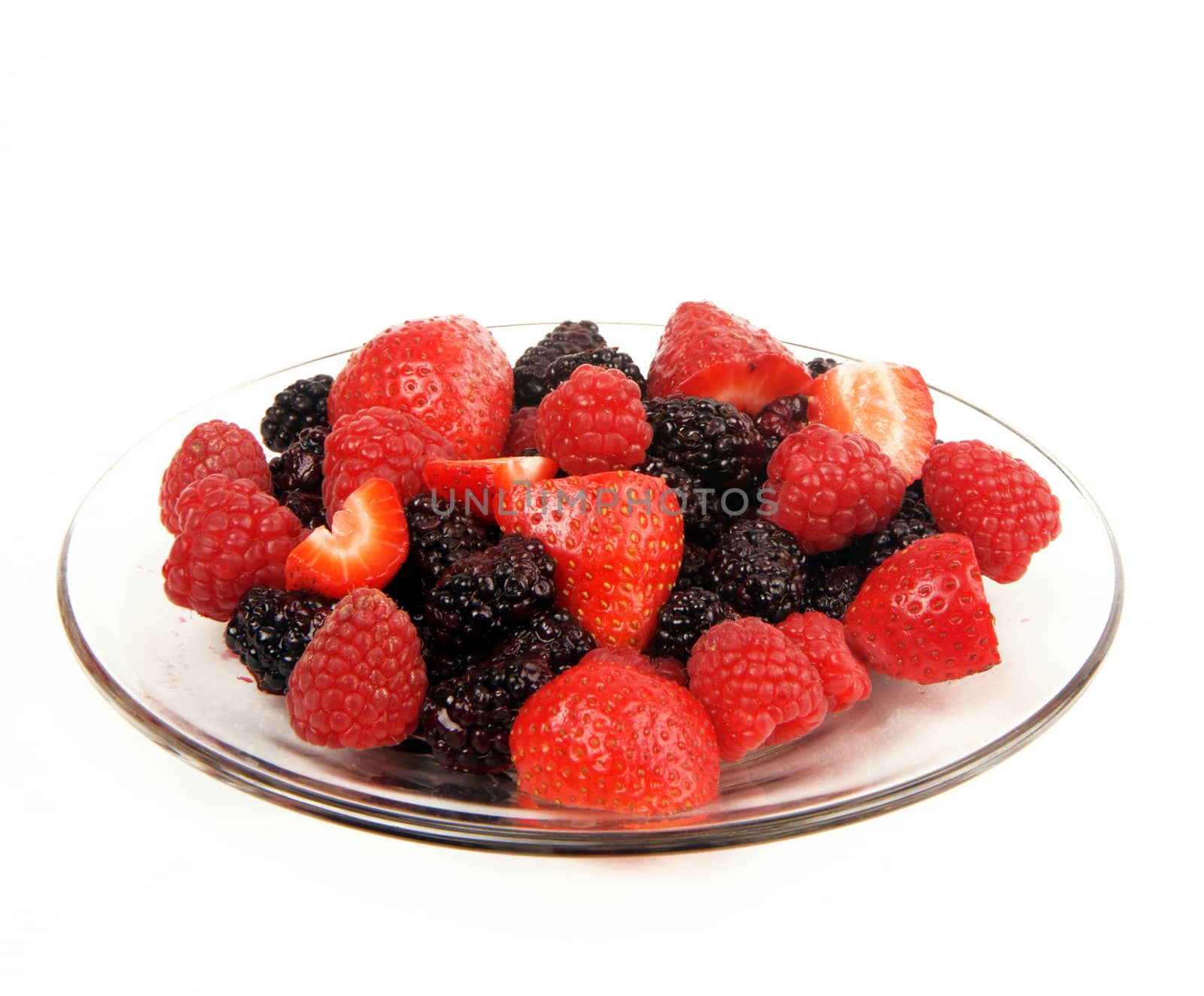 Various Raw Food Fruit on Glass Plate Sweet Berries by ChrisBoswell