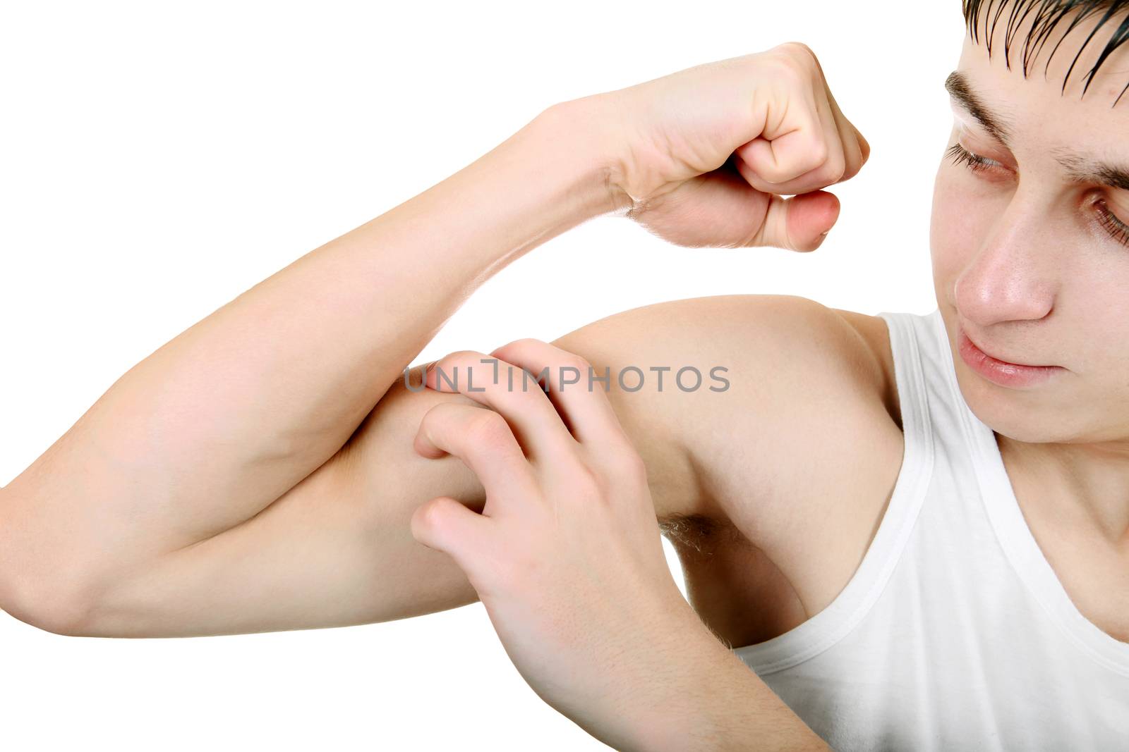 Handsome Teenager Muscle flexing Isolated on the White Background