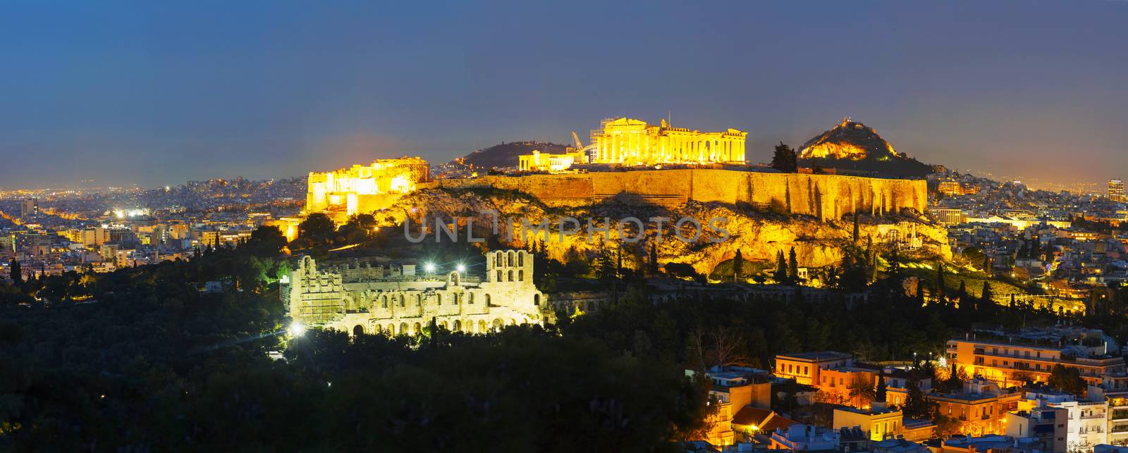 Scenic overview of Athens with Acropolis in the night