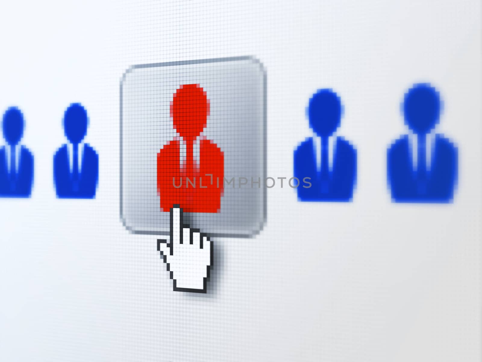 Finance concept: pixelated Business Man icon on button with Hand cursor on digital computer screen, selected focus 3d render