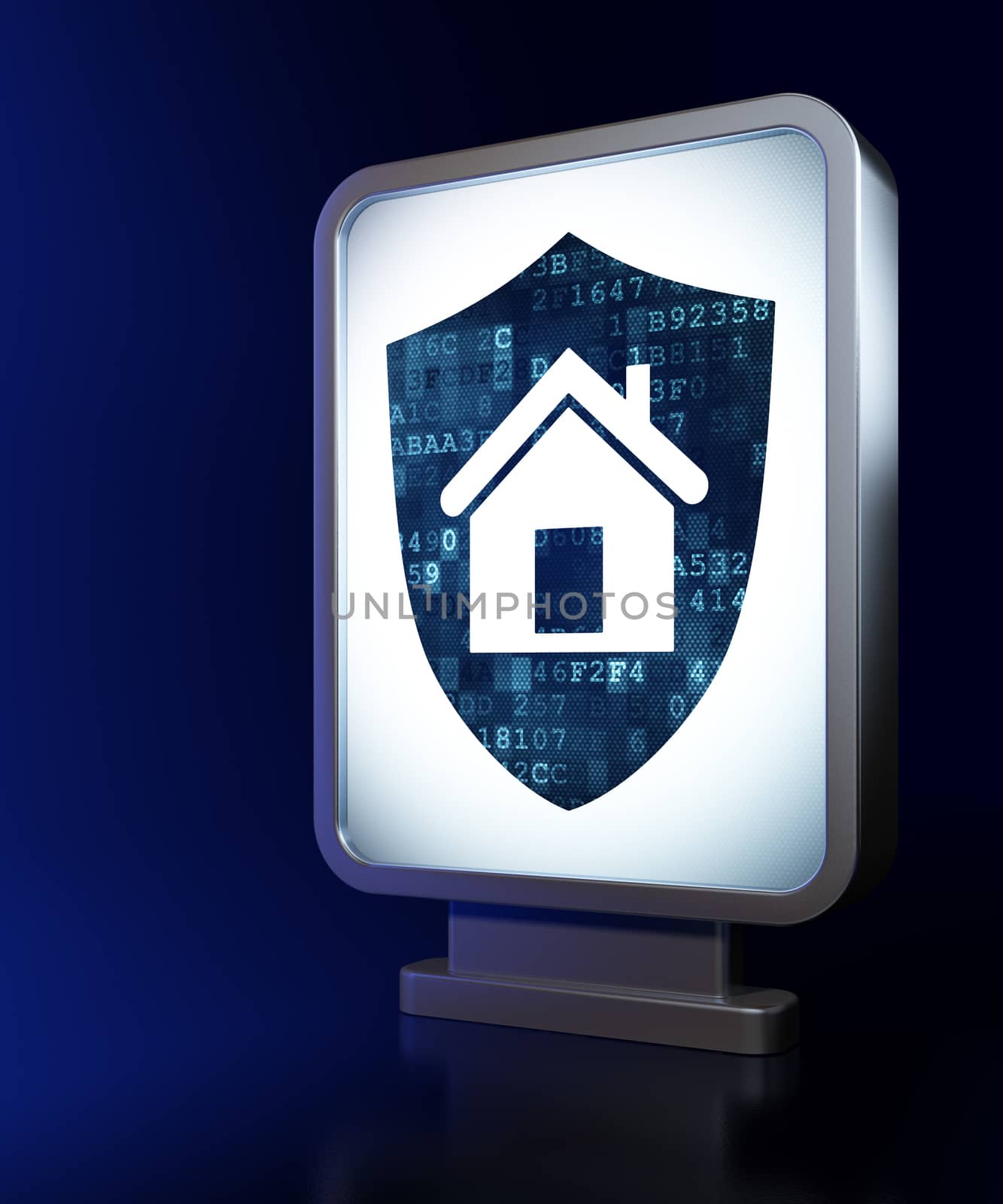 Security concept: Shield on advertising billboard background, 3d render