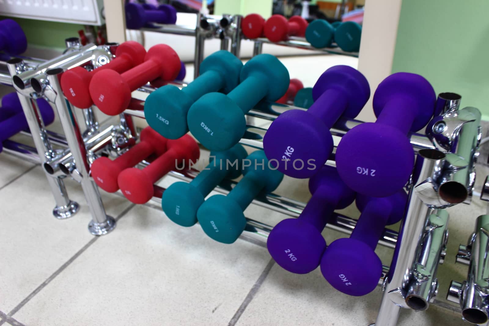 Different weights and multicolored dumbbells lie on a metal rack in a gym