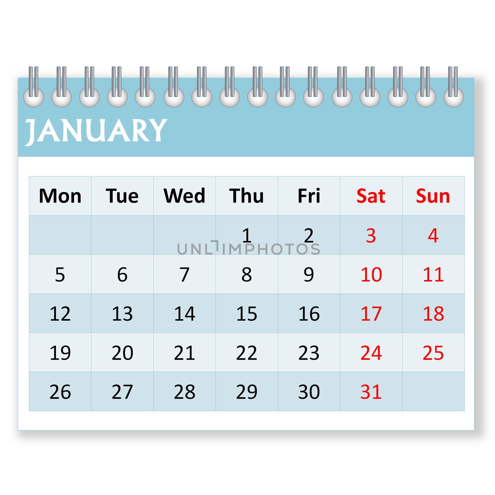 Calendar sheet for january month in white background, week starts from monday