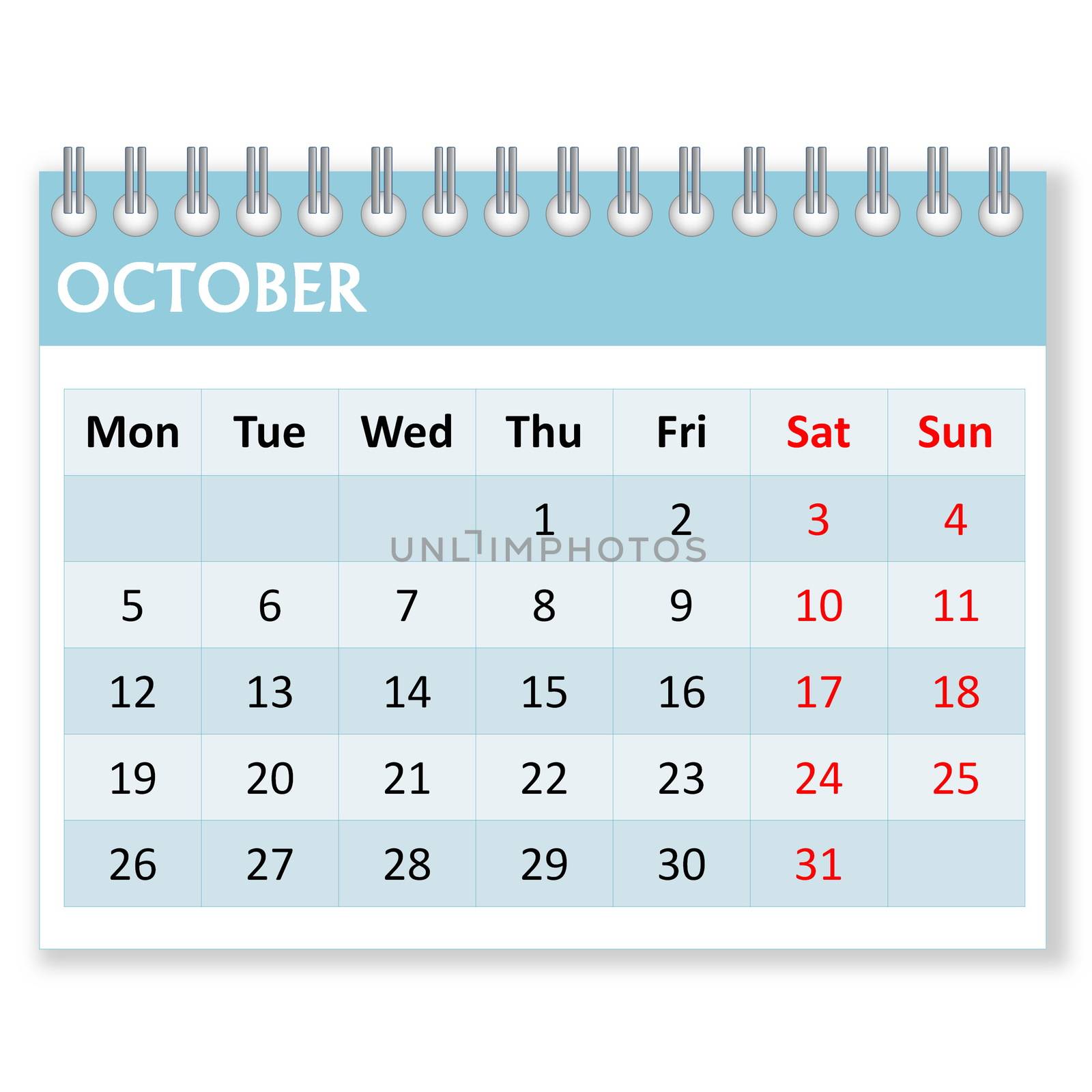 Calendar sheet for october month in white background, week starts from monday
