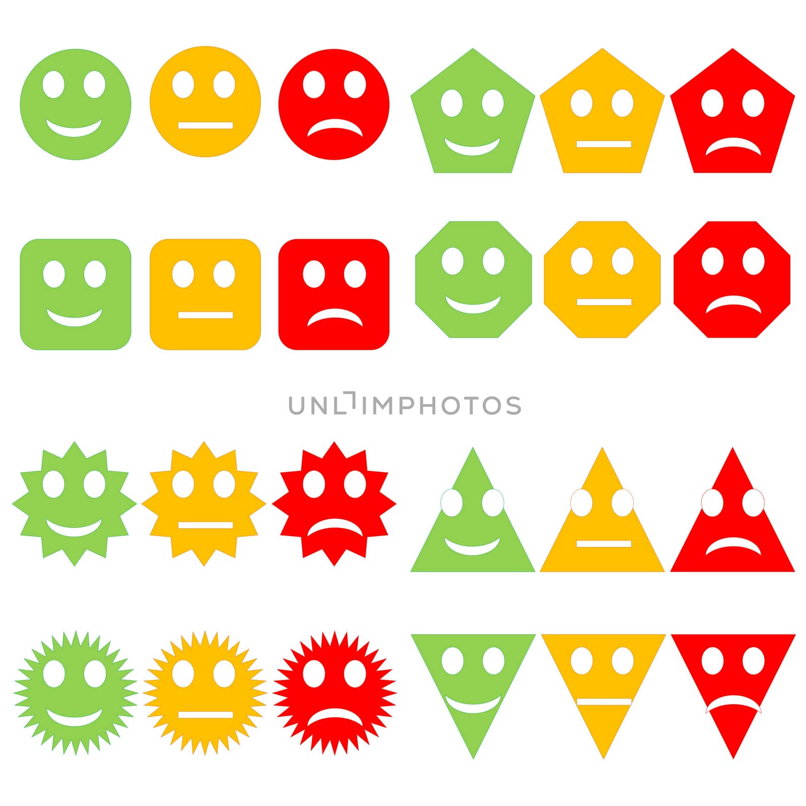 Set of different shapes happy to sad smileys in white background