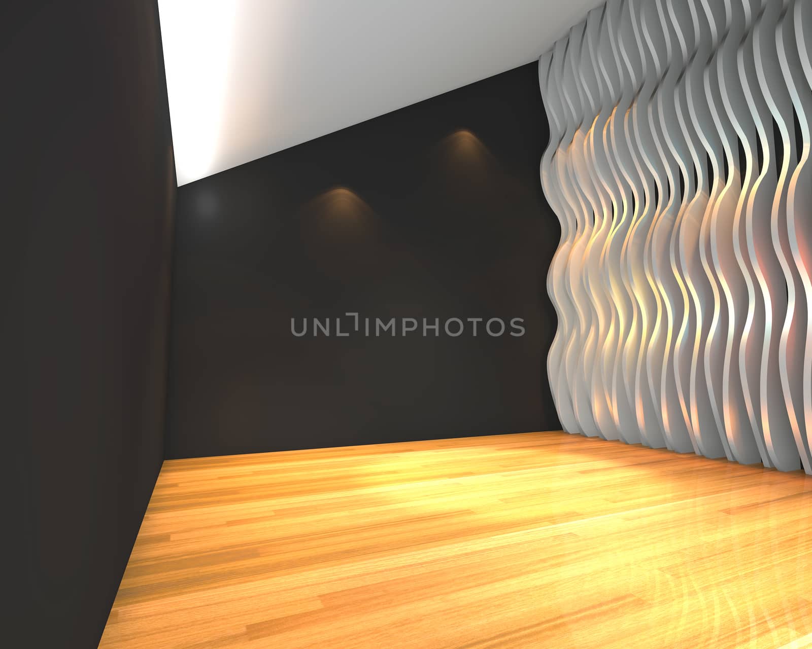 Abstract black empty room with wave wall and decorated with wooden floors.