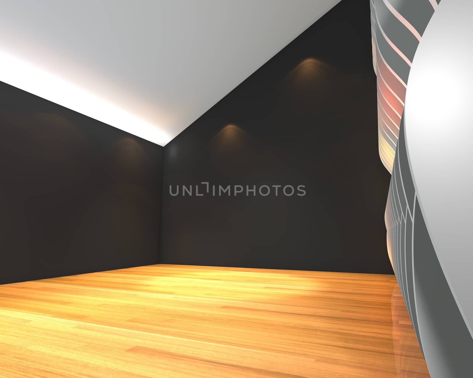 Abstract black empty room with wave wall and decorated with wooden floors.