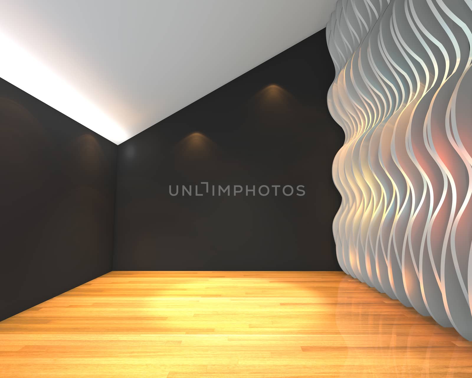 Abstract black empty room with wave wall and decorated with wooden floors.