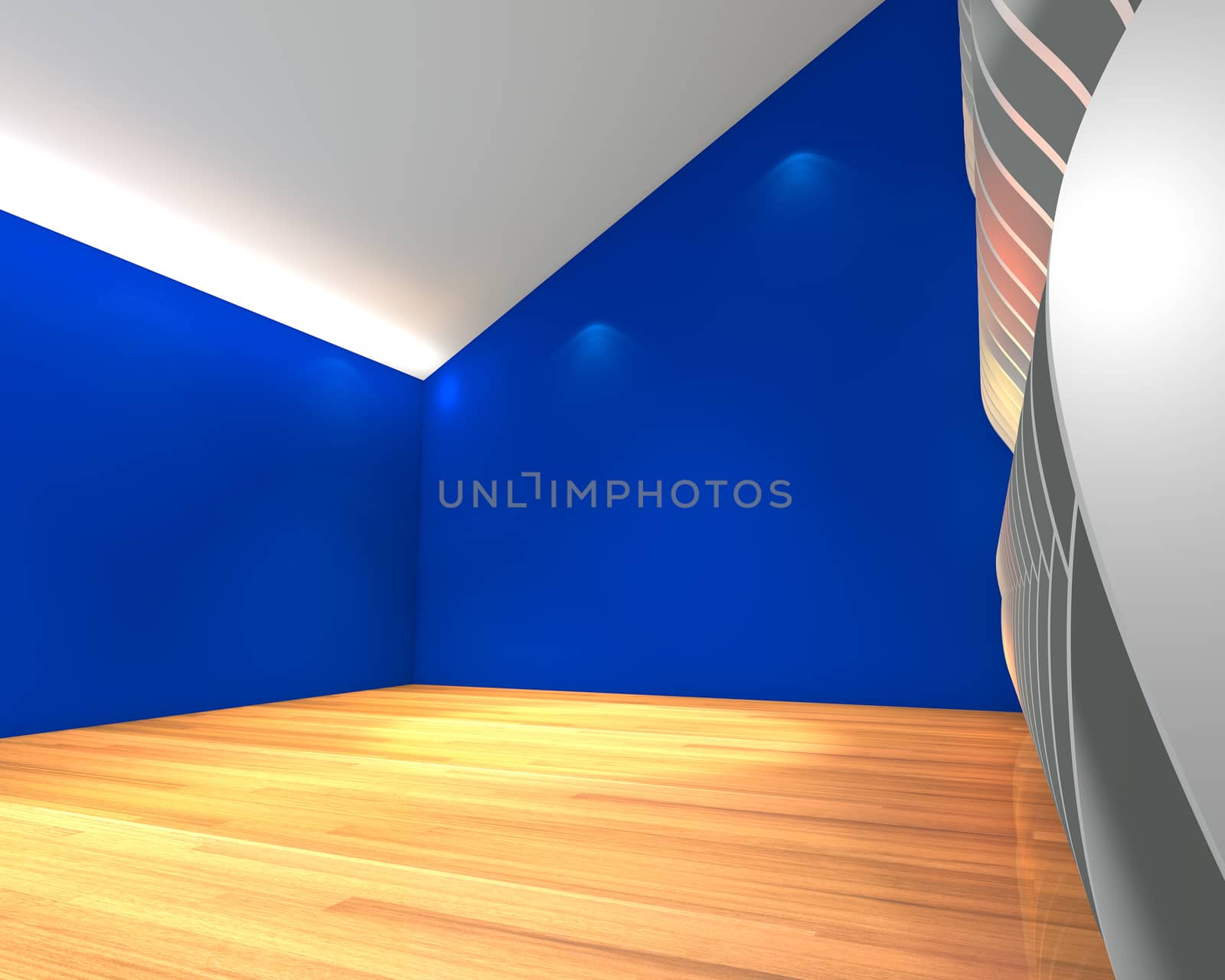 Abstract blue empty room with wave wall and decorated with wooden floors.