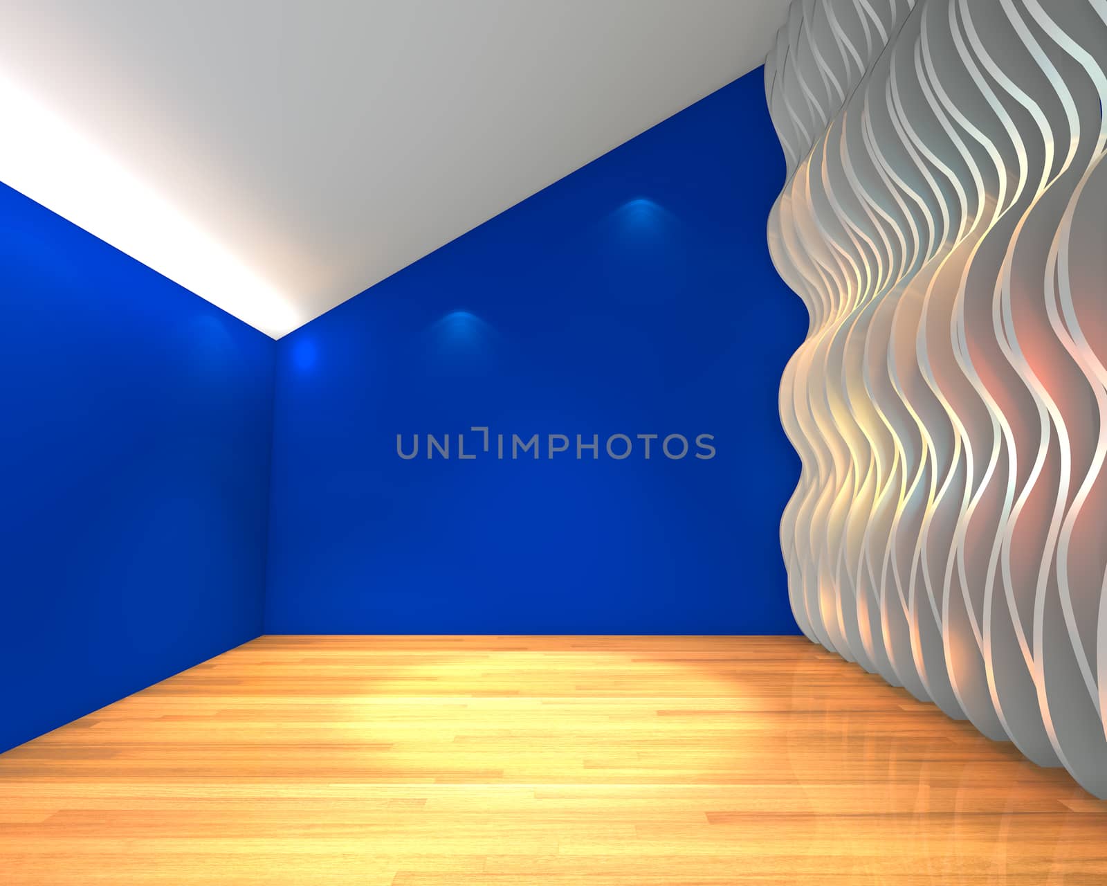 Abstract blue empty room with wave wall and decorated with wooden floors.