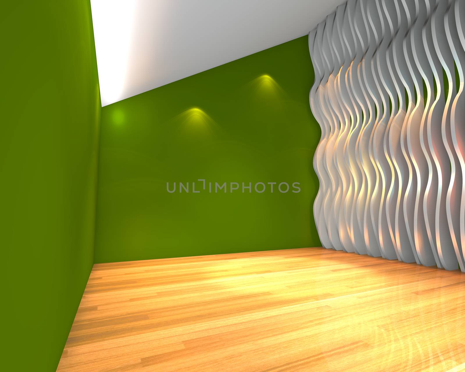 Abstract green empty room with wave wall by sumetho