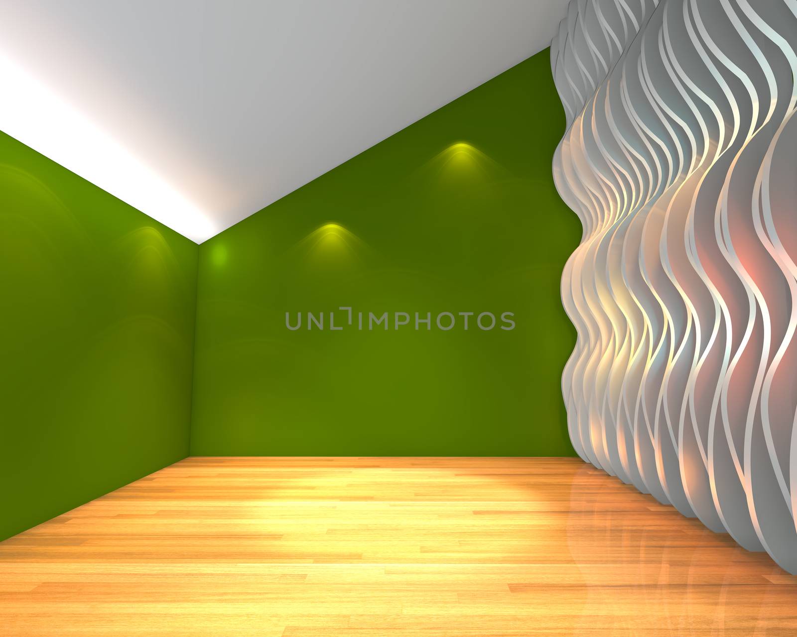 Abstract green empty room with wave wall and decorated with wooden floors.