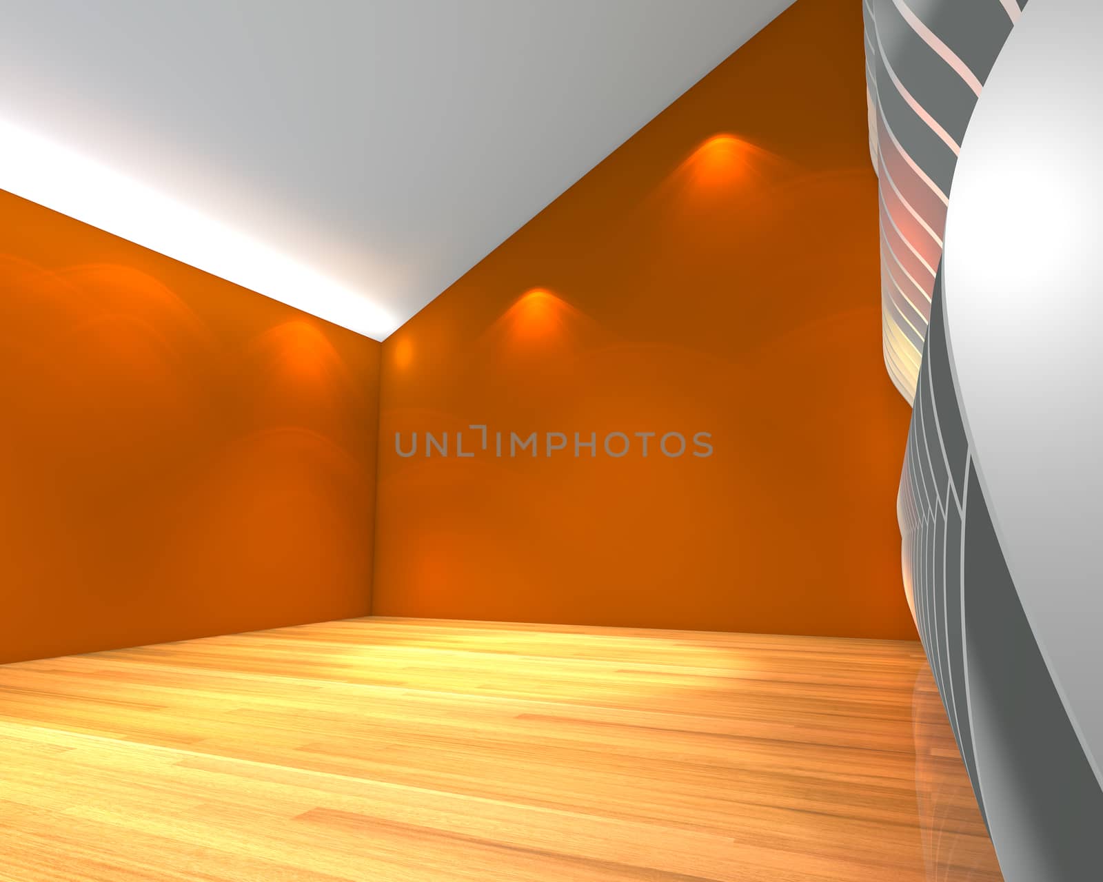 Abstract orange empty room with wave wall and decorated with wooden floors.