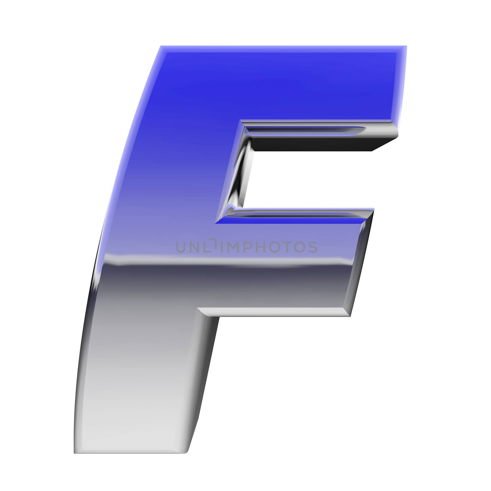 Chrome alphabet symbol letter F with color gradient reflections isolated on white. High resolution 3D image
