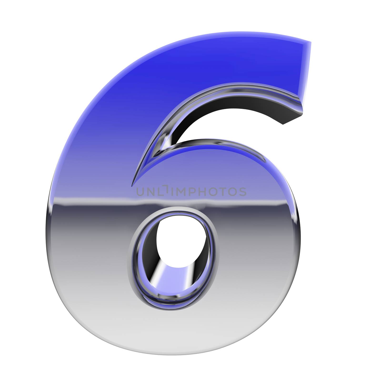 Chrome number 6 with color gradient reflections isolated on white. High resolution 3D image