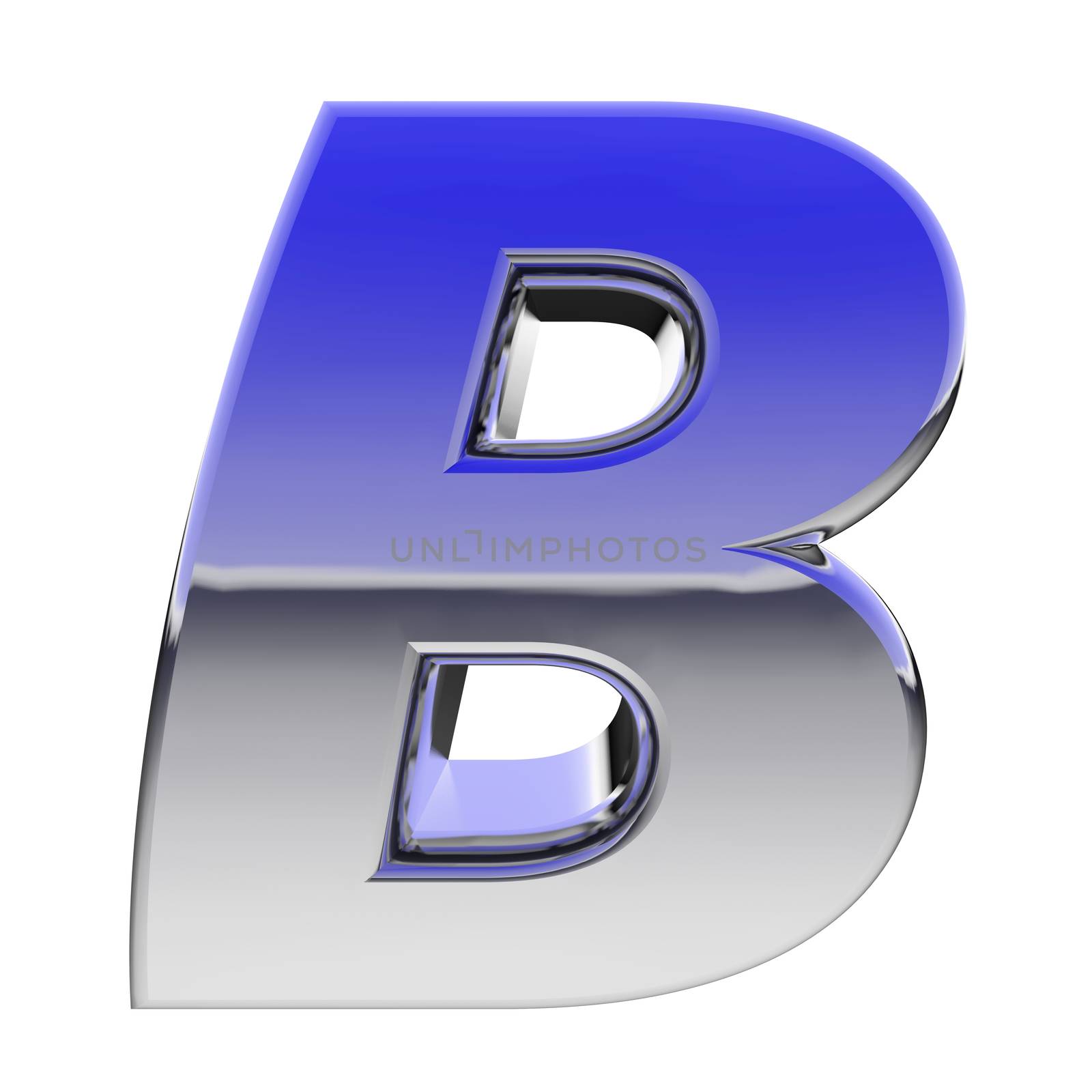 Chrome alphabet symbol letter B with color gradient reflections isolated on white. High resolution 3D image
