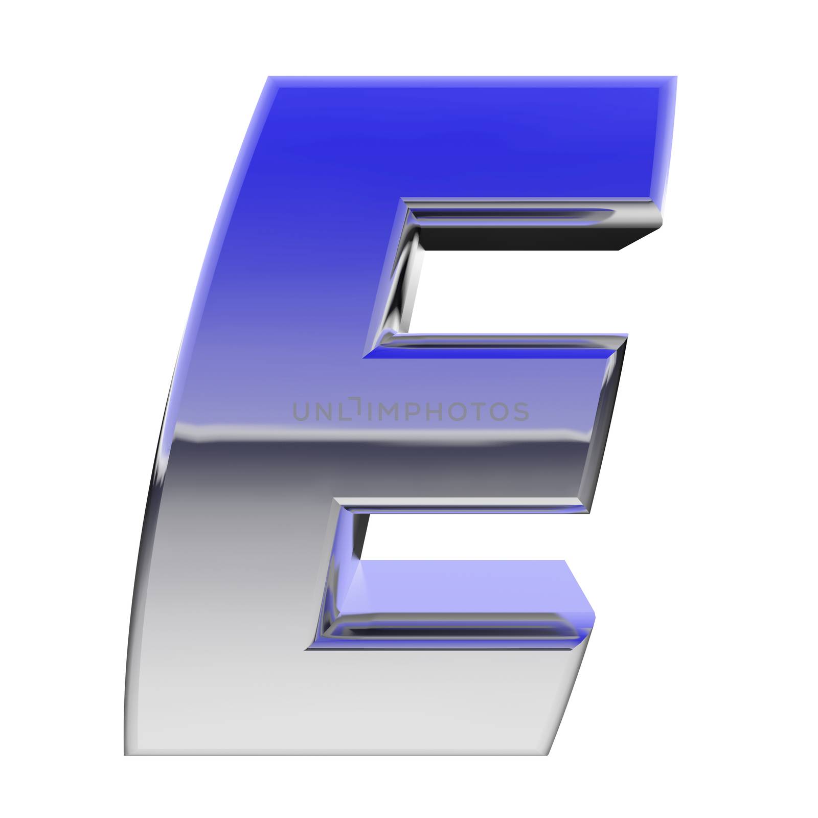 Chrome alphabet symbol letter E with color gradient reflections isolated on white. High resolution 3D image
