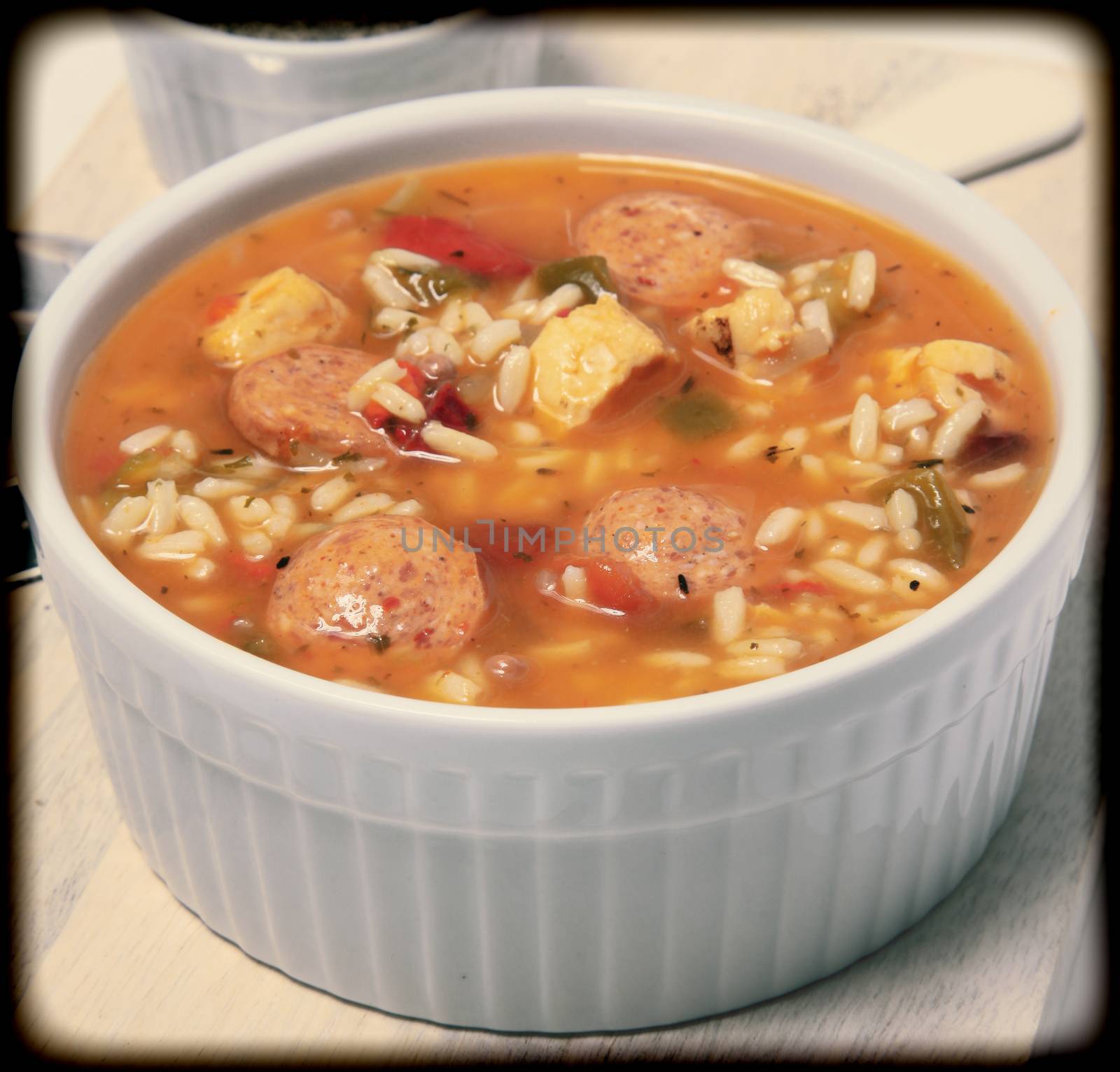 Bowl of Cajun Spicy Chicken and Sausage Gumbo Soup by duplass