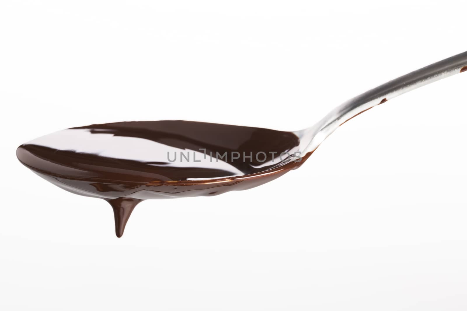 Spoon of melted chocolate topping on white background