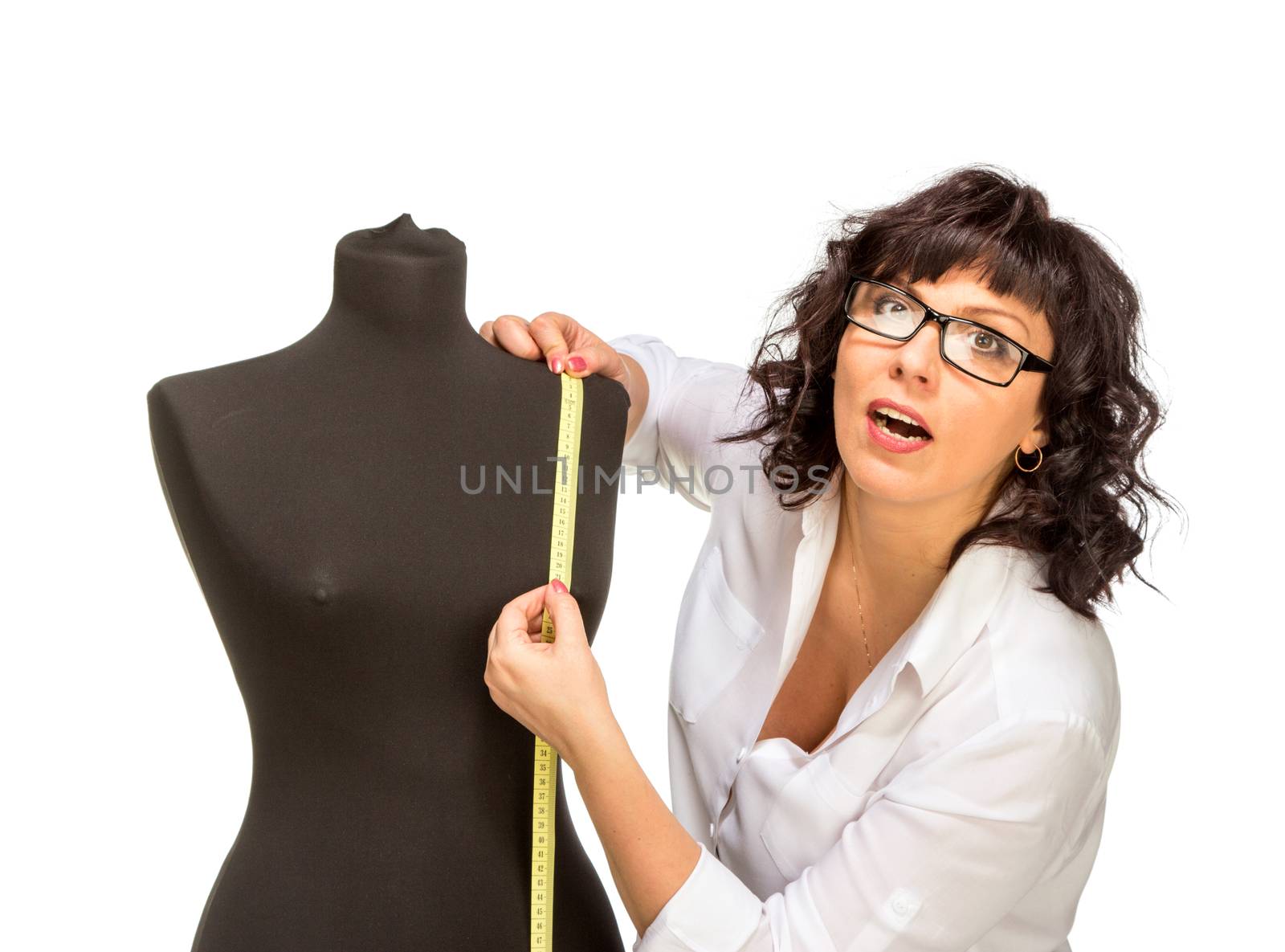 Adult tailor with mannequin, isolated on white