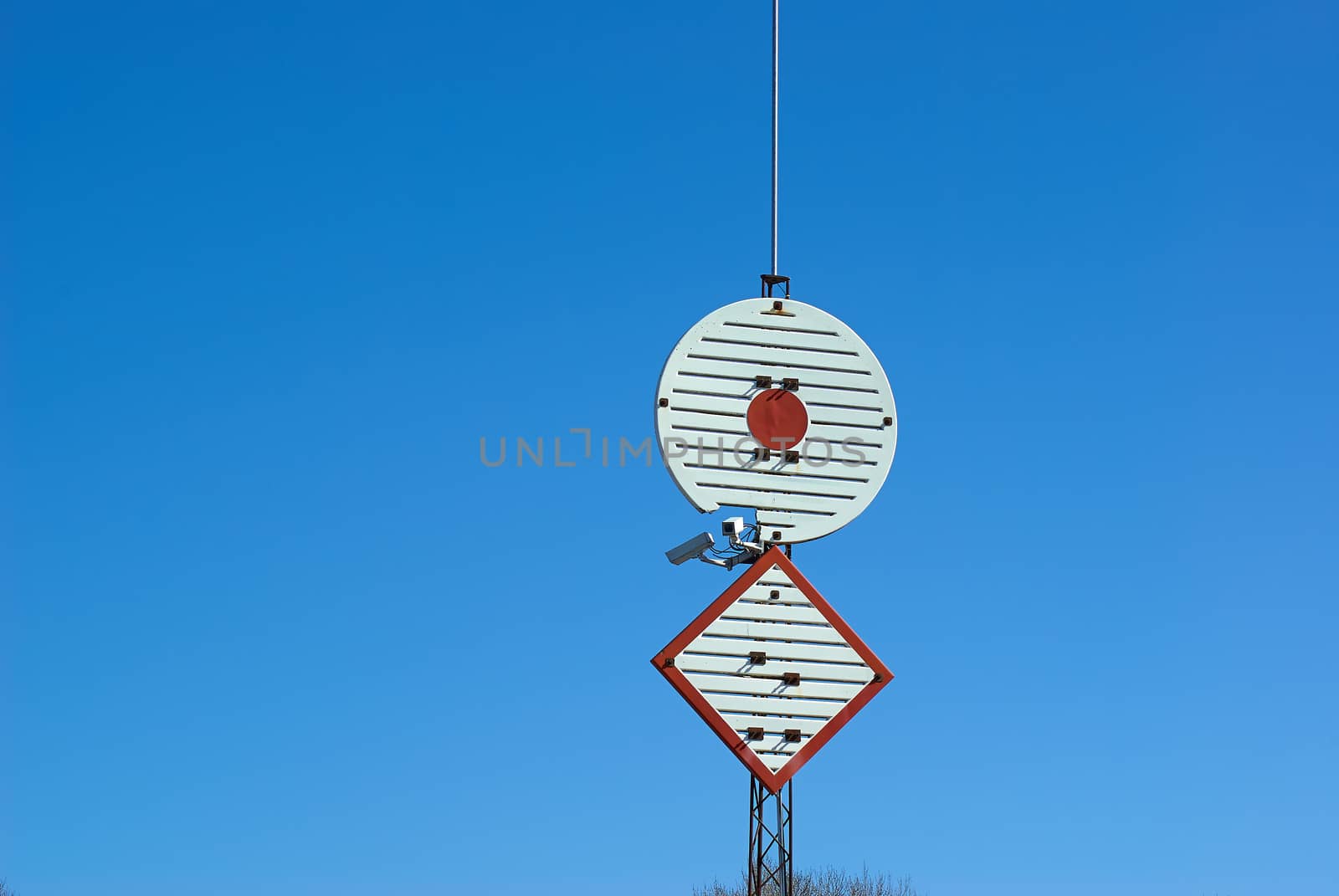 Naval navigation seamark beacon sign in a marina port