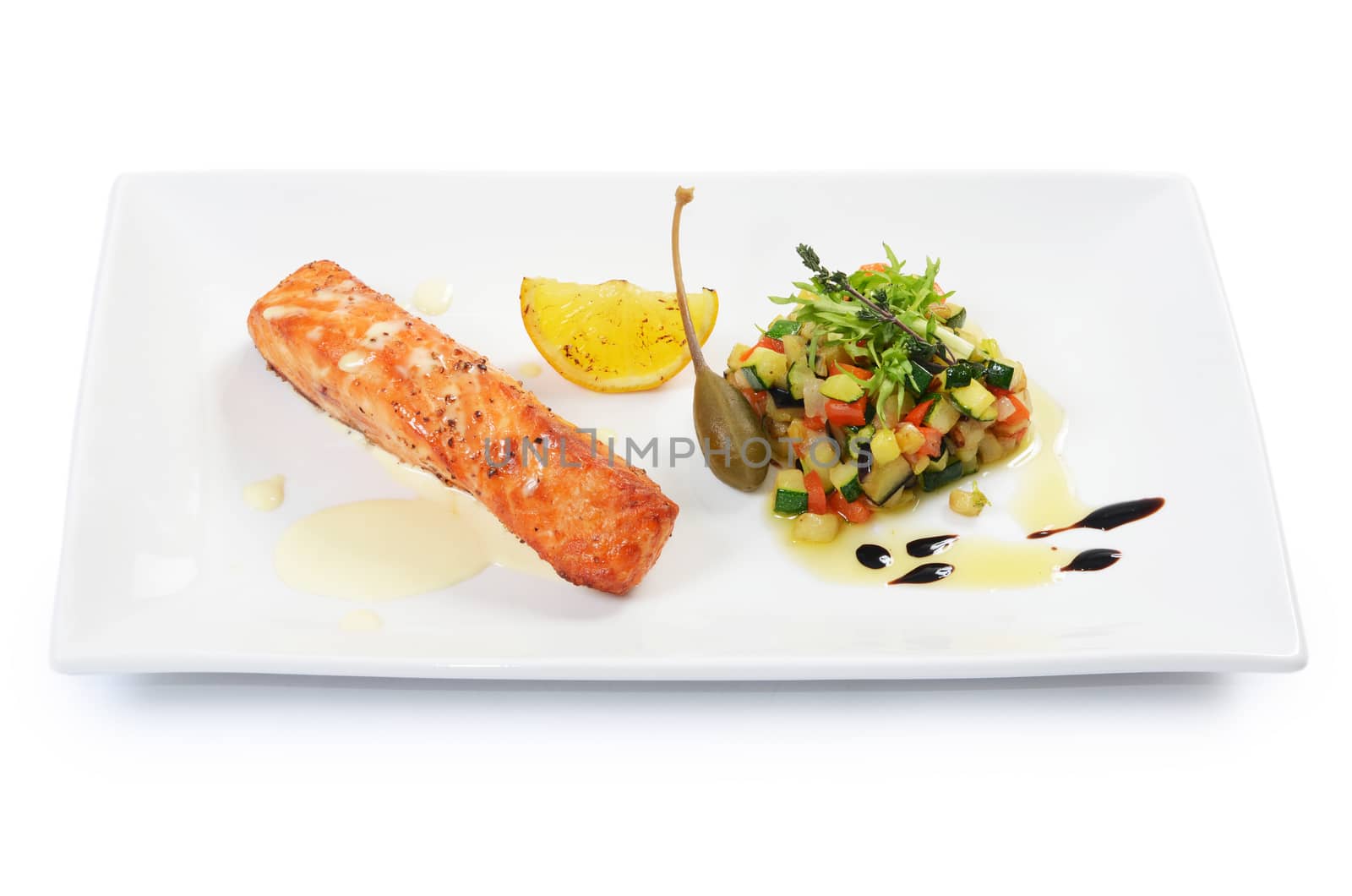 The salmon fillet with vegetable ratatouille isolated