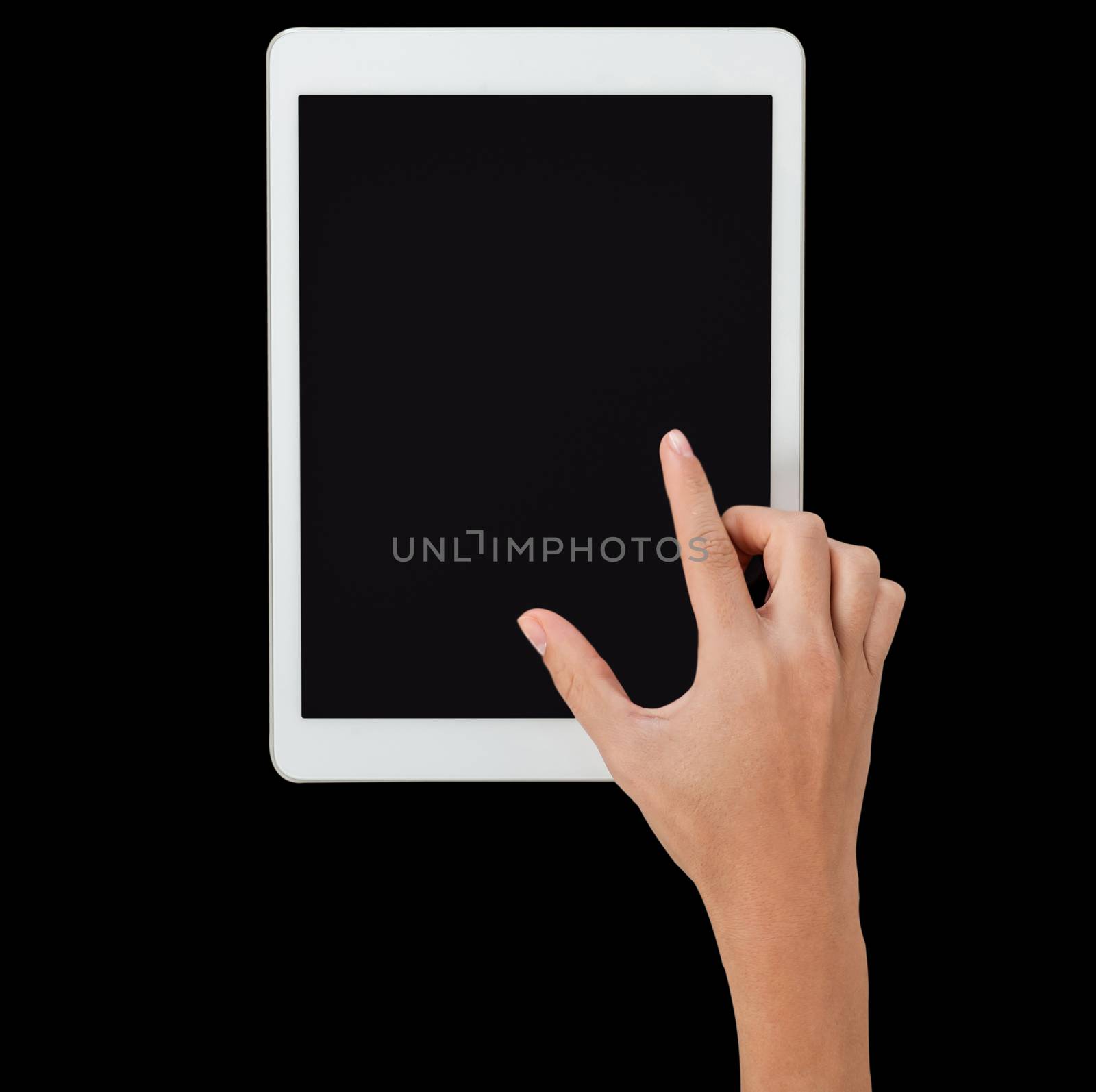 Fingers pinching to zoom tablet's screen by stockyimages