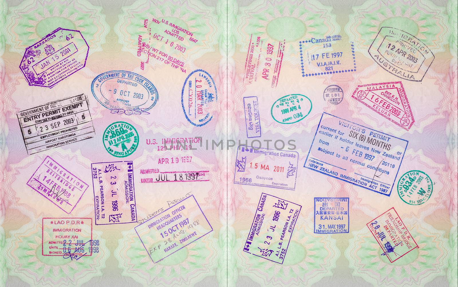 Retro Vintage Stamps In A European Passport From Multiple Locations