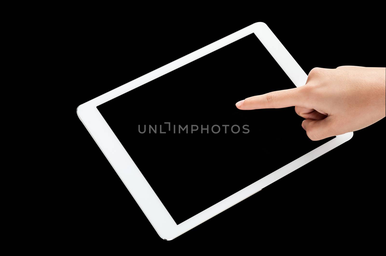 Finger touching tablet pc device by stockyimages
