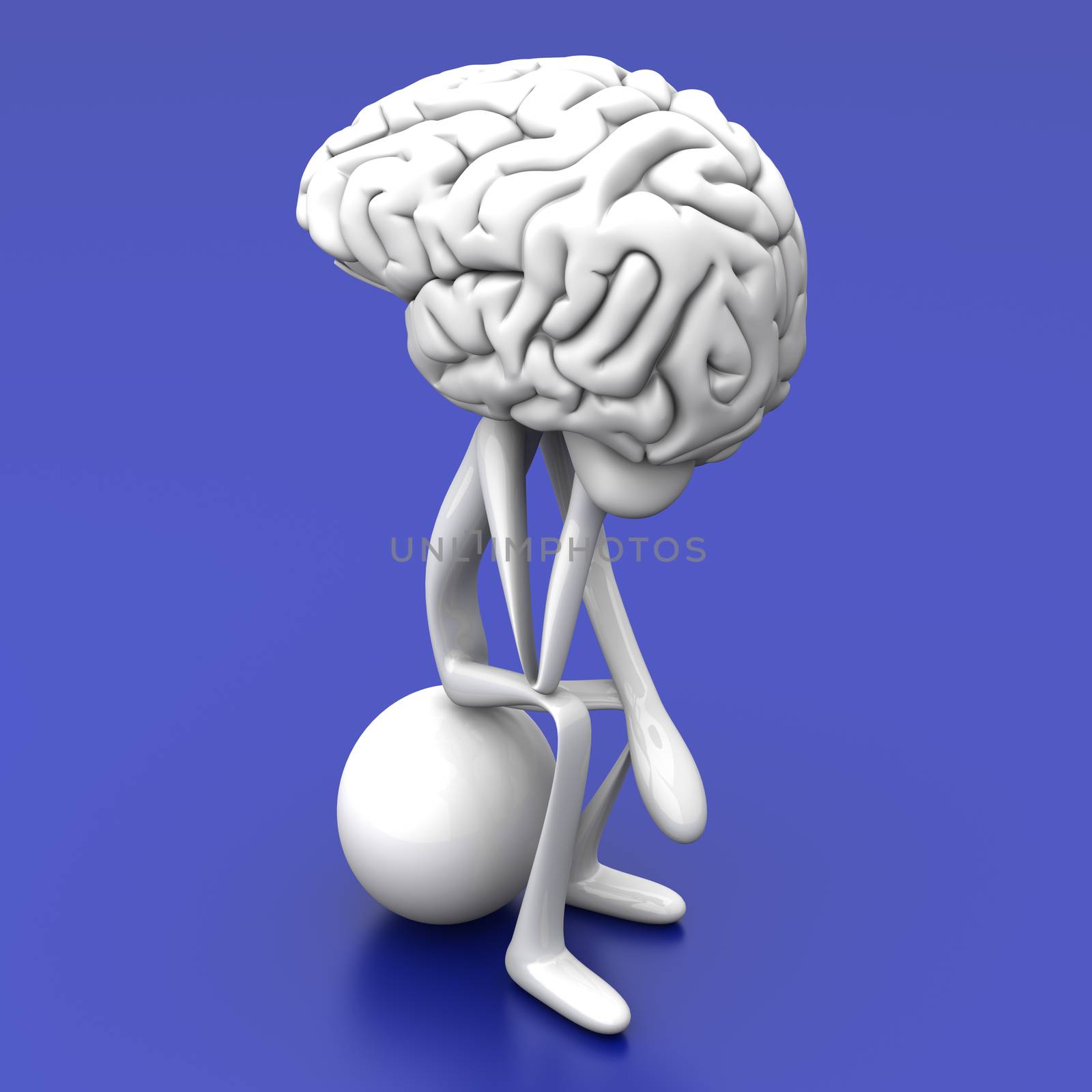 A cartoon figure con a huge brain. 3D rendered illustration. 