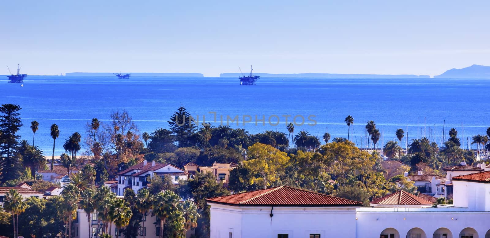 Oil Wells Offshore Platforms Court House Buildings Coastline Main Street Pacific Oecan Santa Barbara California 