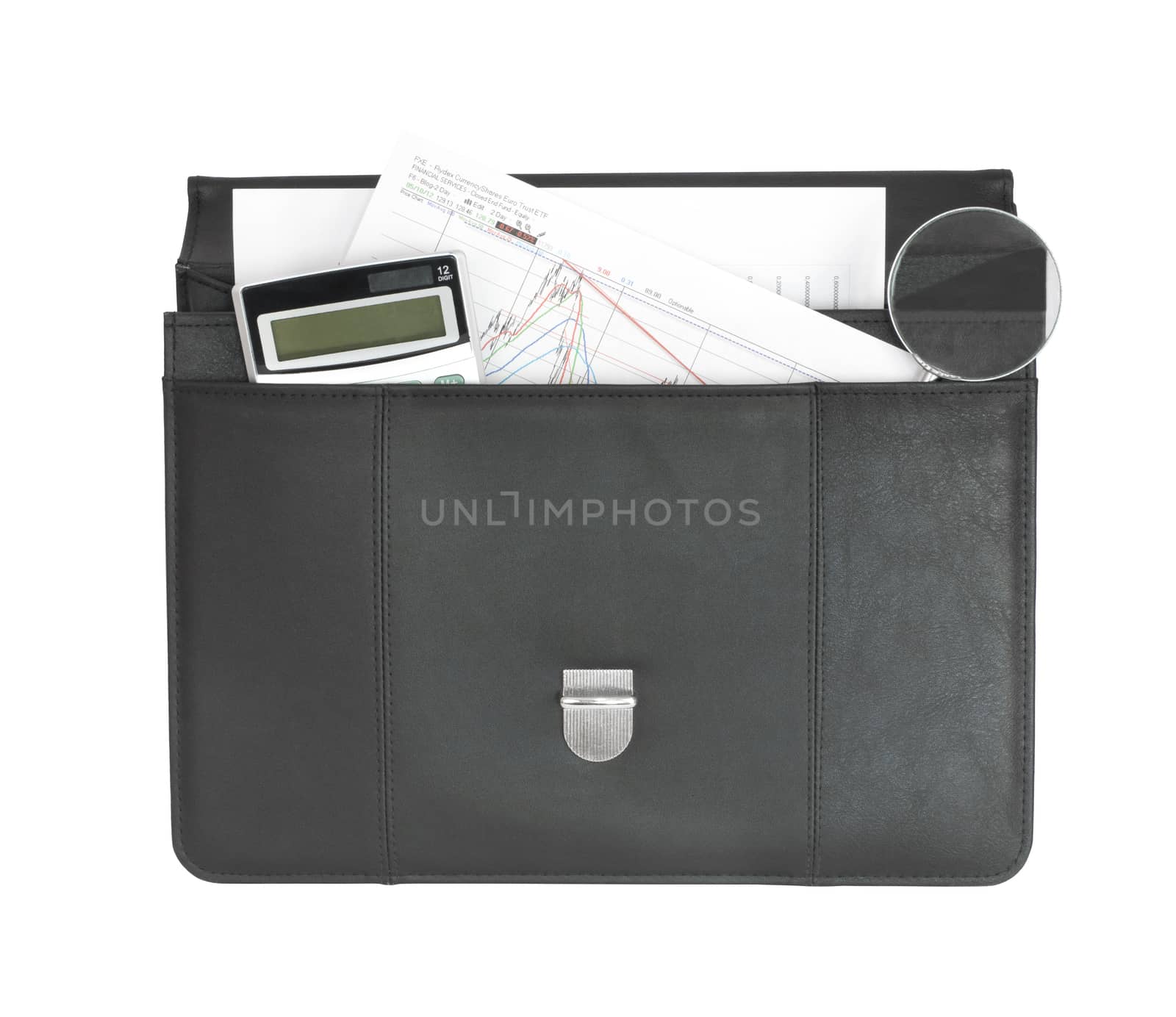 Open black briefcase and business objects. Isolated on white background